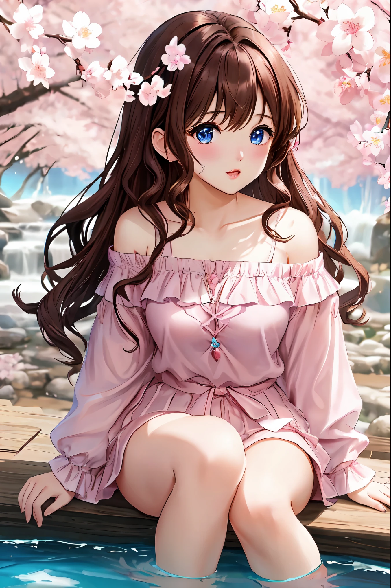 One female、brown hair、curly hair、blue eyes、dense lips、pink t-shirt、off shoulder、beautiful breasts、hot spring town、crowded、cherry blossoms、cherry blossoms吹雪、sunlight、masterpiece、ultra high resolution、perfect lighting、16K