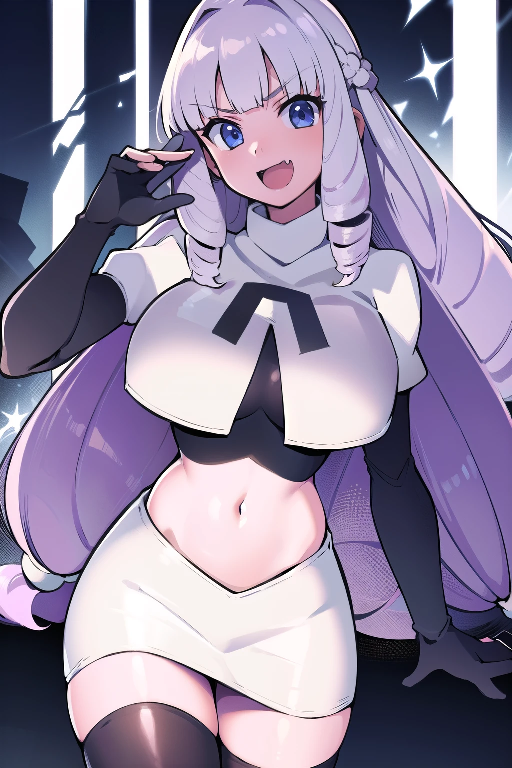 1girl, solo, Fujido Oriko, blue eyes, blunt bangs, breasts, cowboy shot, drill hair, fang, large breasts, long hair, looking at viewer, purple hair, white hair, team rocket,team rocket uniform, red letter R, white skirt,white crop top,black thigh-highs,black elbow gloves