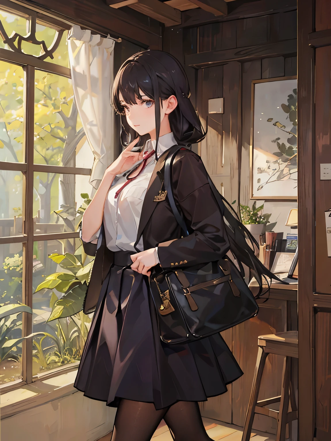 a girl with long black hair, in a white shirt and short school skirt, walking in the forest carrying a book