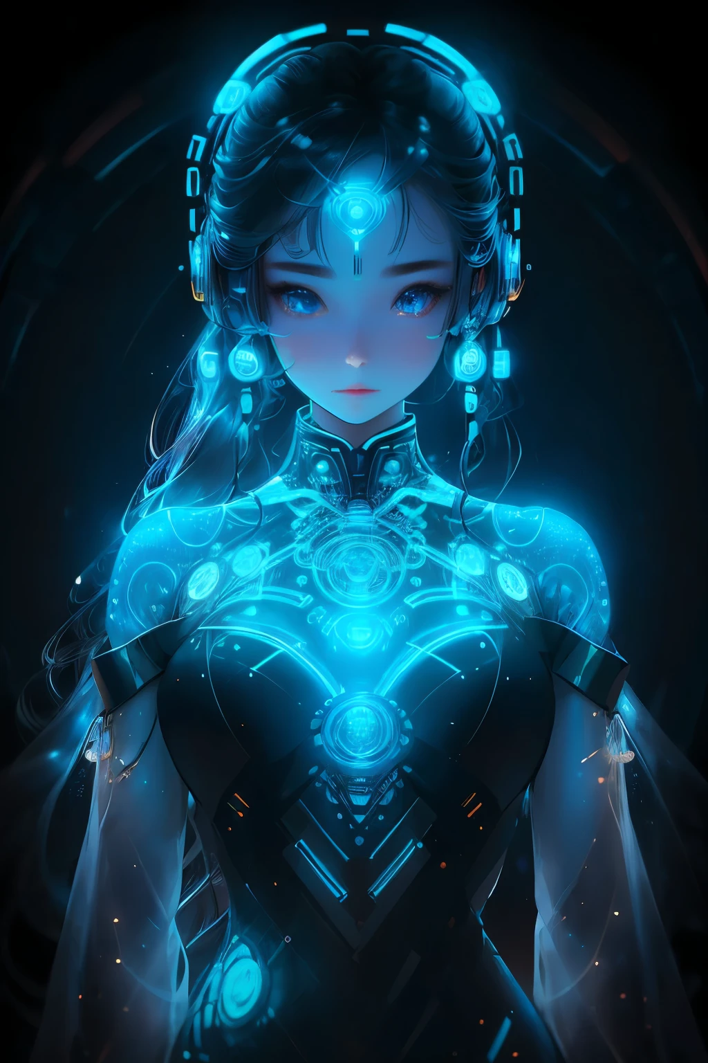 Illustration of a smart artificial intelligence woman therapist resembling a robot, with an intellect-evoking design. Her metallic body shines under the light, reflecting complex circuits and gears. Her facial features are expressive and human-like, with glowing blue eyes that seem to understand deep emotions. Long, curly wires replace her hair, flowing gracefully around her shoulders. Her hands move with precision and fluidity as she gestures in mid-air, manipulating intricate holographic displays. The background is minimalist, focusing on her presence, with a clear blue sky and subtle, calming lighting that highlights her features. Her torso is adorned with intricate golden patterns,