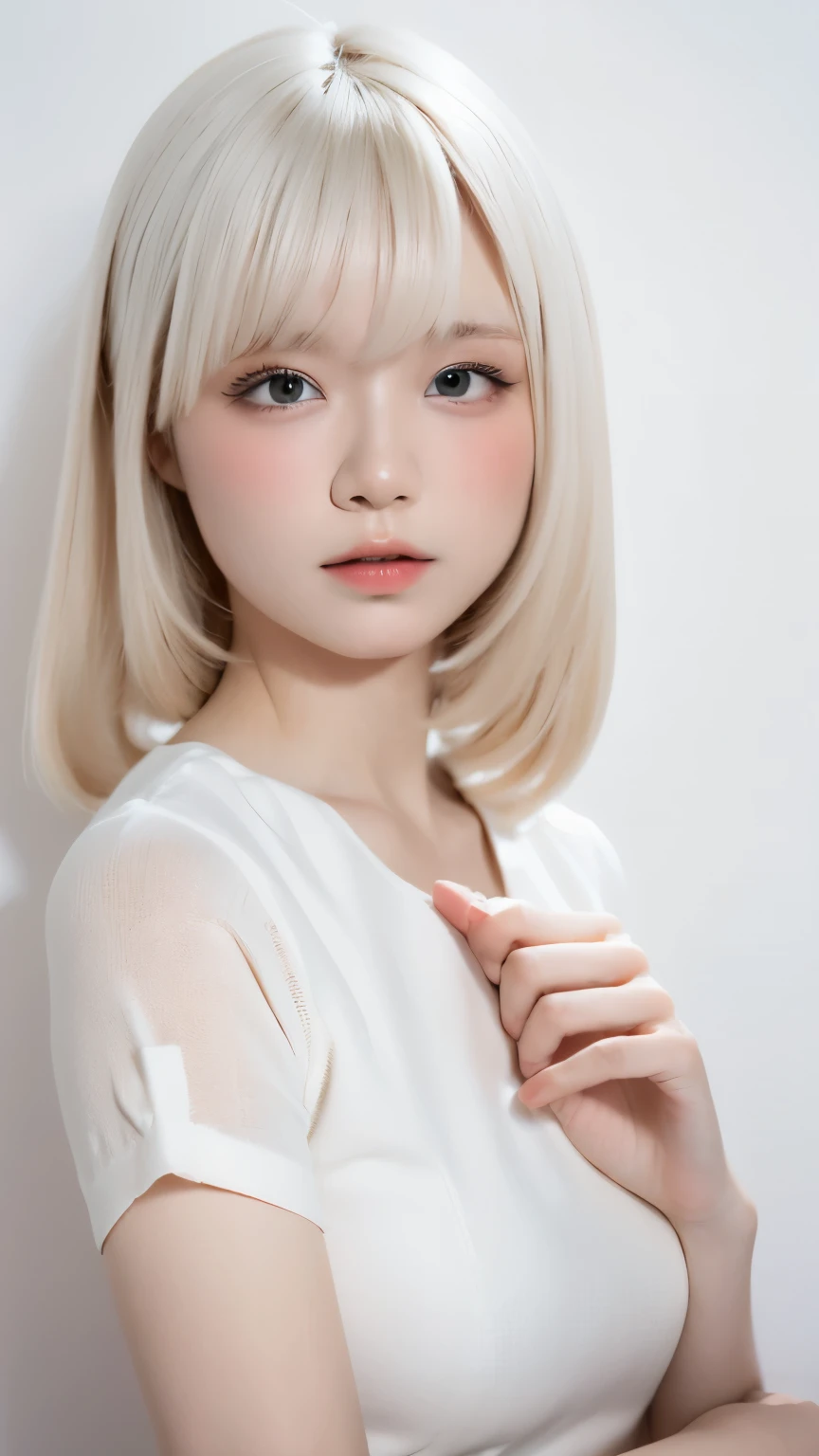 (((white background:1.3)))、highest quality, Masseter muscle part, High resolution, albino girl、(((1 girl))), ************,(((The eyes are white:1.3)))、white dress、((white shirt:1.3、White Block Dress)), Tyndall effect, realistic, shadow studio,Ultramarine lighting, dual tone lighting, (high detail skin: 1.2)、dim lighting、dark lighting、 Digital single-lens reflex camera, photograph, High resolution, 4k, 8k, background blur,fade out beautifully、White world、white background