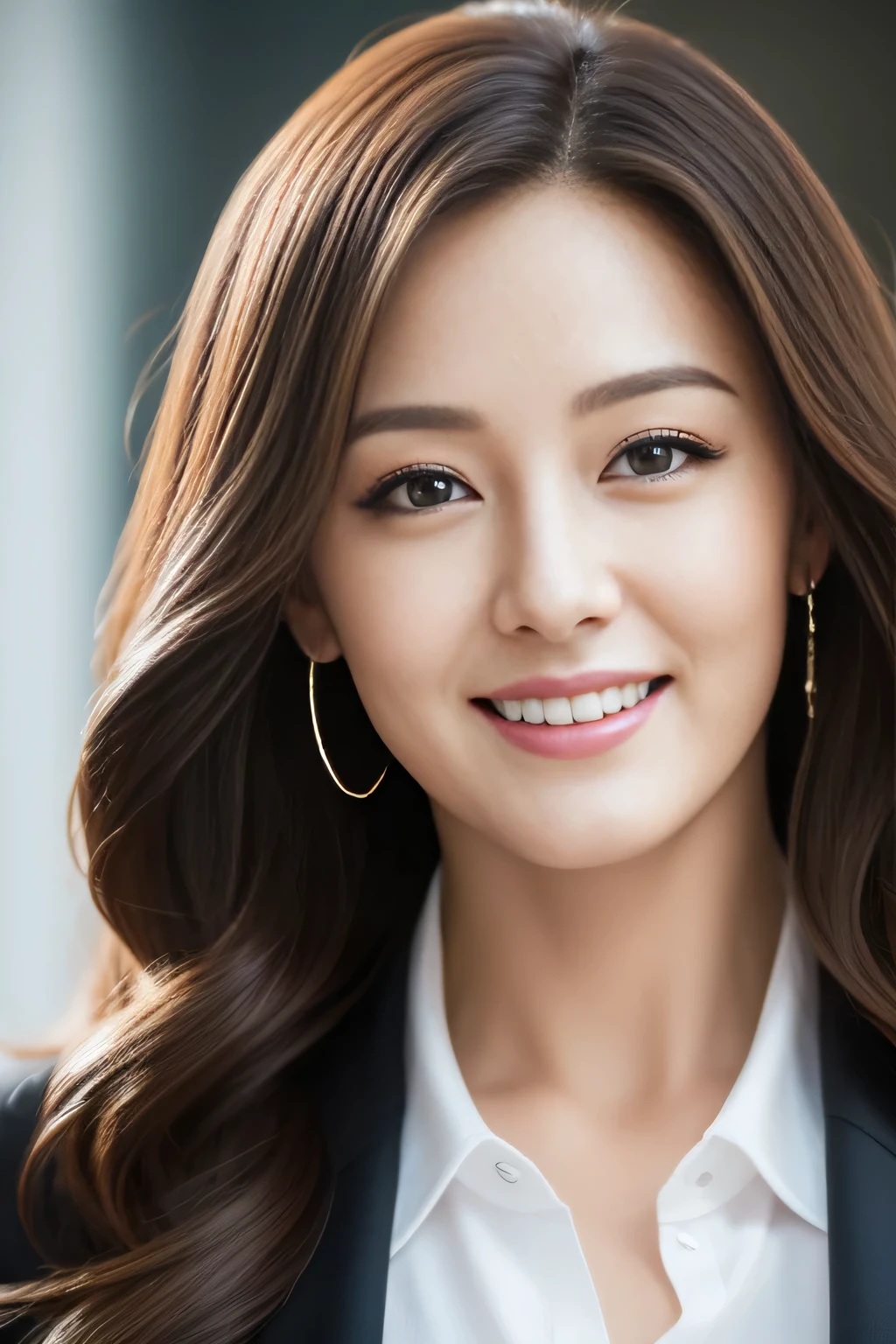 table top, highest quality, realistic, Super detailed, finely, High resolution, 8k wallpaper, 1 beautiful woman,, light brown messy hair, wearing a business suit, sharp focus, perfect dynamic composition, finelyて美しい目, thin hair, Detailed and realistic skin texture, smile, close-up portrait, model body shape