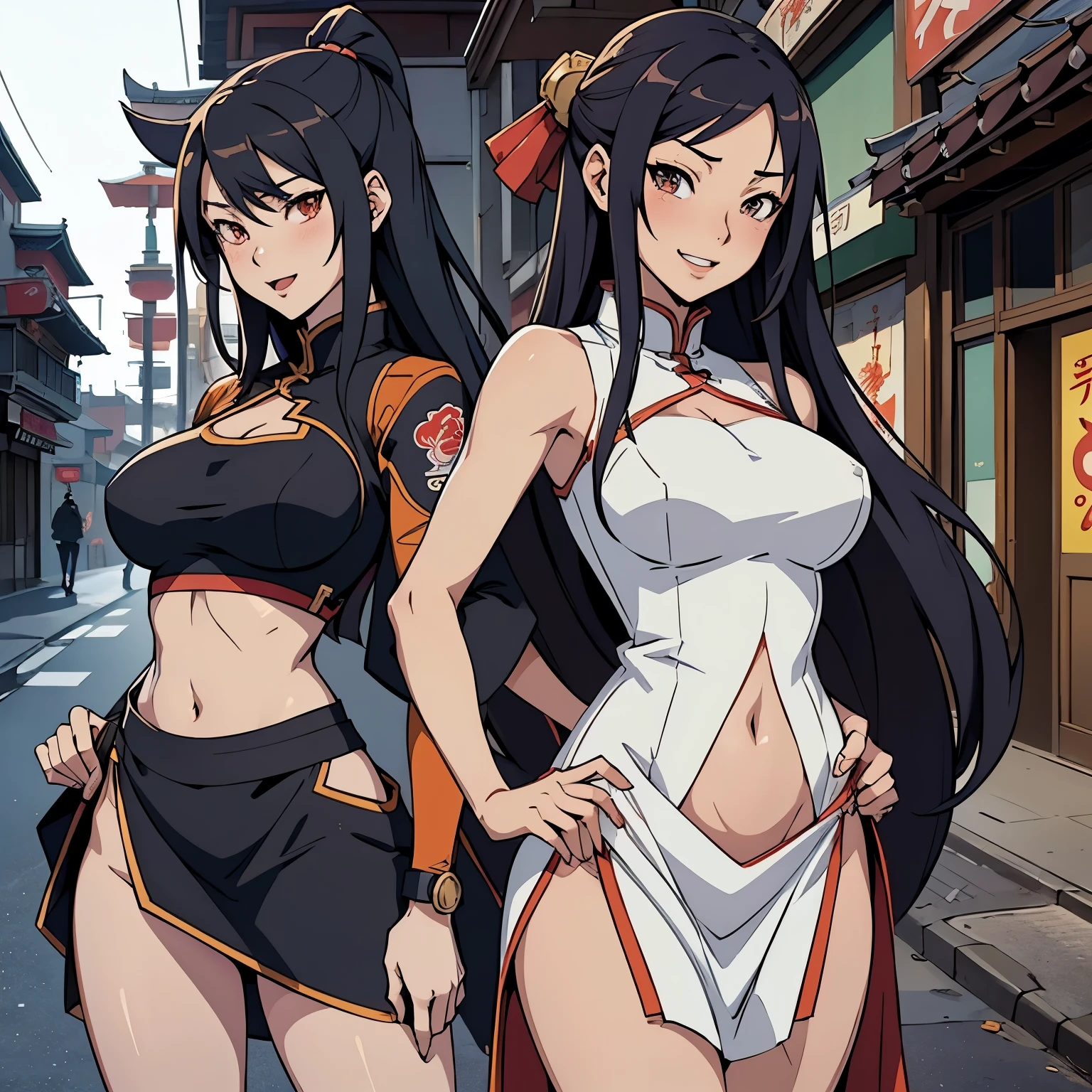 2girl, two girl, an anime drawing by Shitao, Guweiz style artwork, beautiful alluring anime teen, ecchi style, masterpiece, best quality, highly detailed, a anime girls in china dress with navel cutout holding a gun
posing for a picture, navel cutout, crop top, china dress, ecchi anime style, evil smile, open mouth,
smile, anime girls, ecchi style, ecchi, digital anime art!!, in anime style, official artwork, (nsfw) not safe
for work, beautiful anime girl, anime style 4 k, pelvic curtain, exposed belly, exposed navel, exposed
midriff, exposed lower belly, holding a gun, chinatown, outdoor,street,road