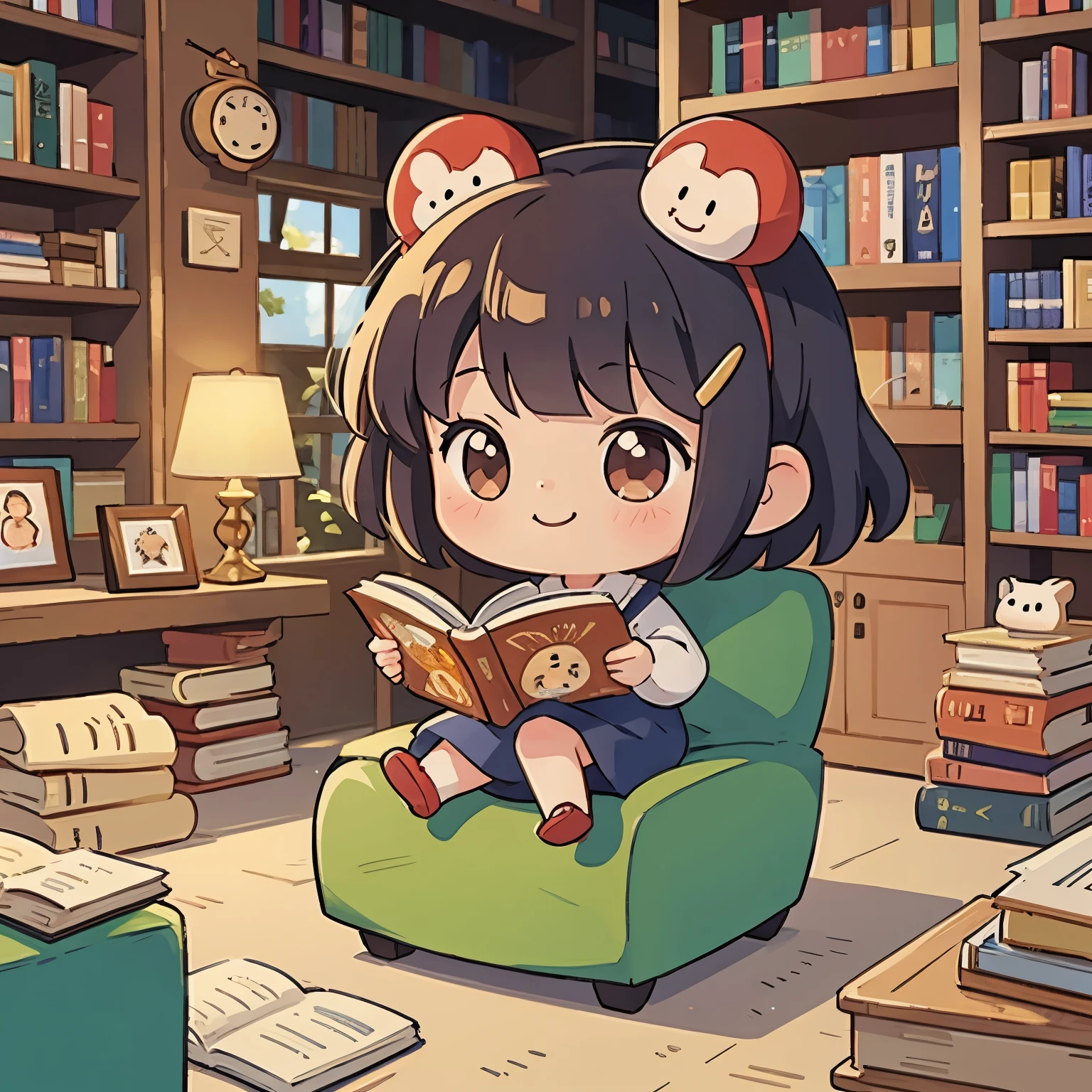 Photoreal、Chibi girl picking up and reading a picture book at a bookstore、smile