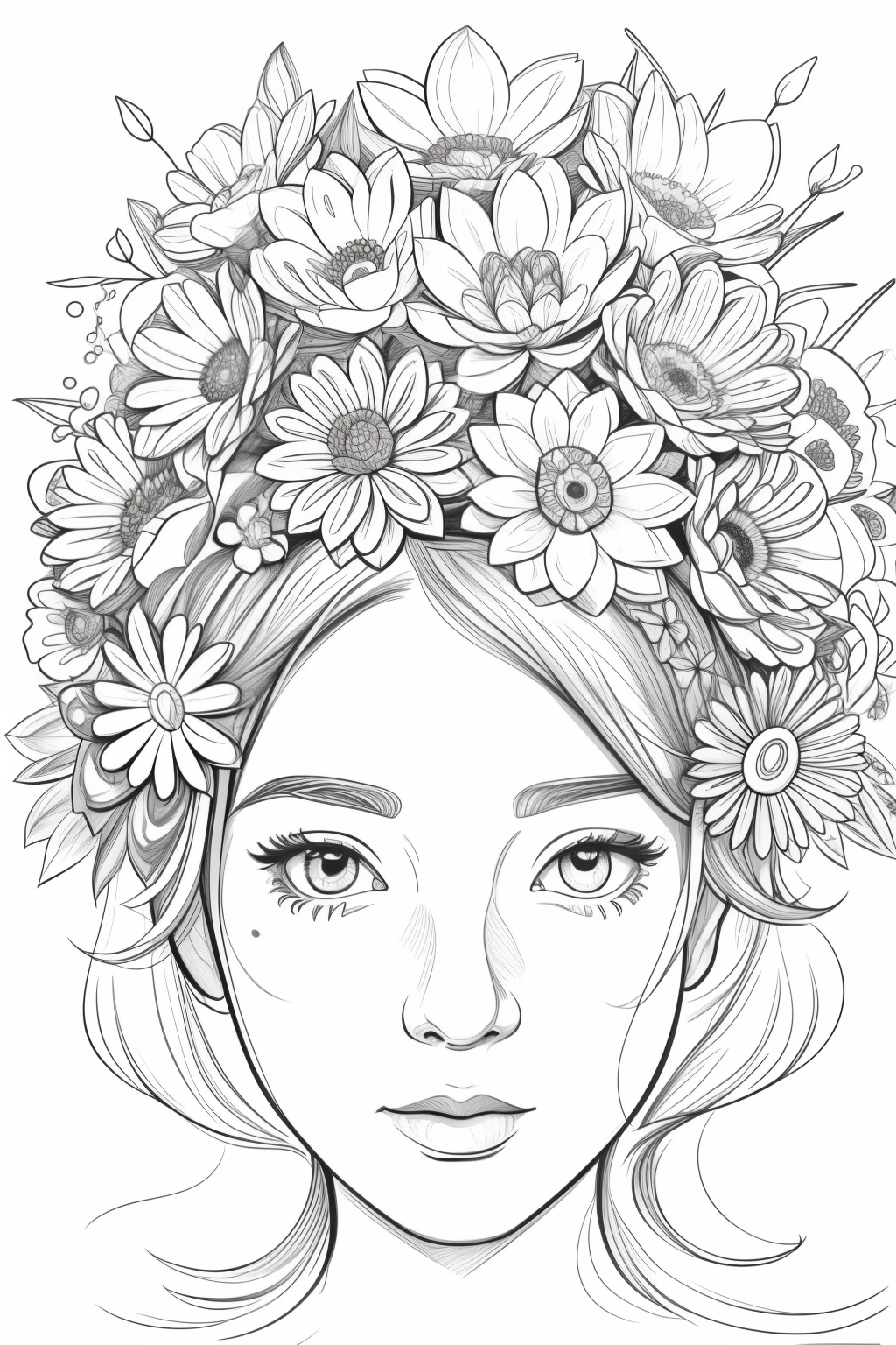 a black and white drawing of a woman with flowers in her hair, clean coloring book page, girl with a flower face, line art colouring page, girl with a flower head, black and white coloring, line art illustration, lotus floral crown girl, she has a crown of flowers, beautiful line art, the girl made out of flowers, girl in flowers