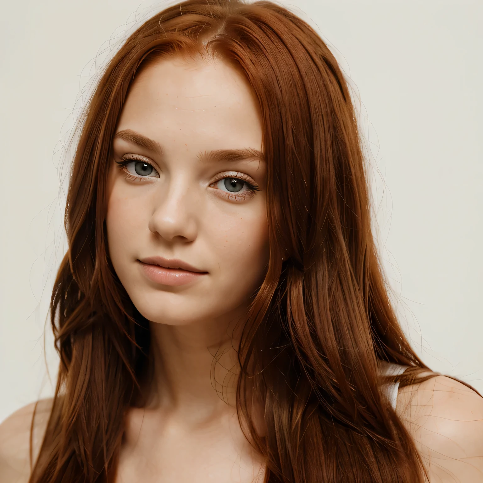 beautiful girl with long red hair, 18 Jahre alt, Portrait head turned slightly to the side, Plain white background