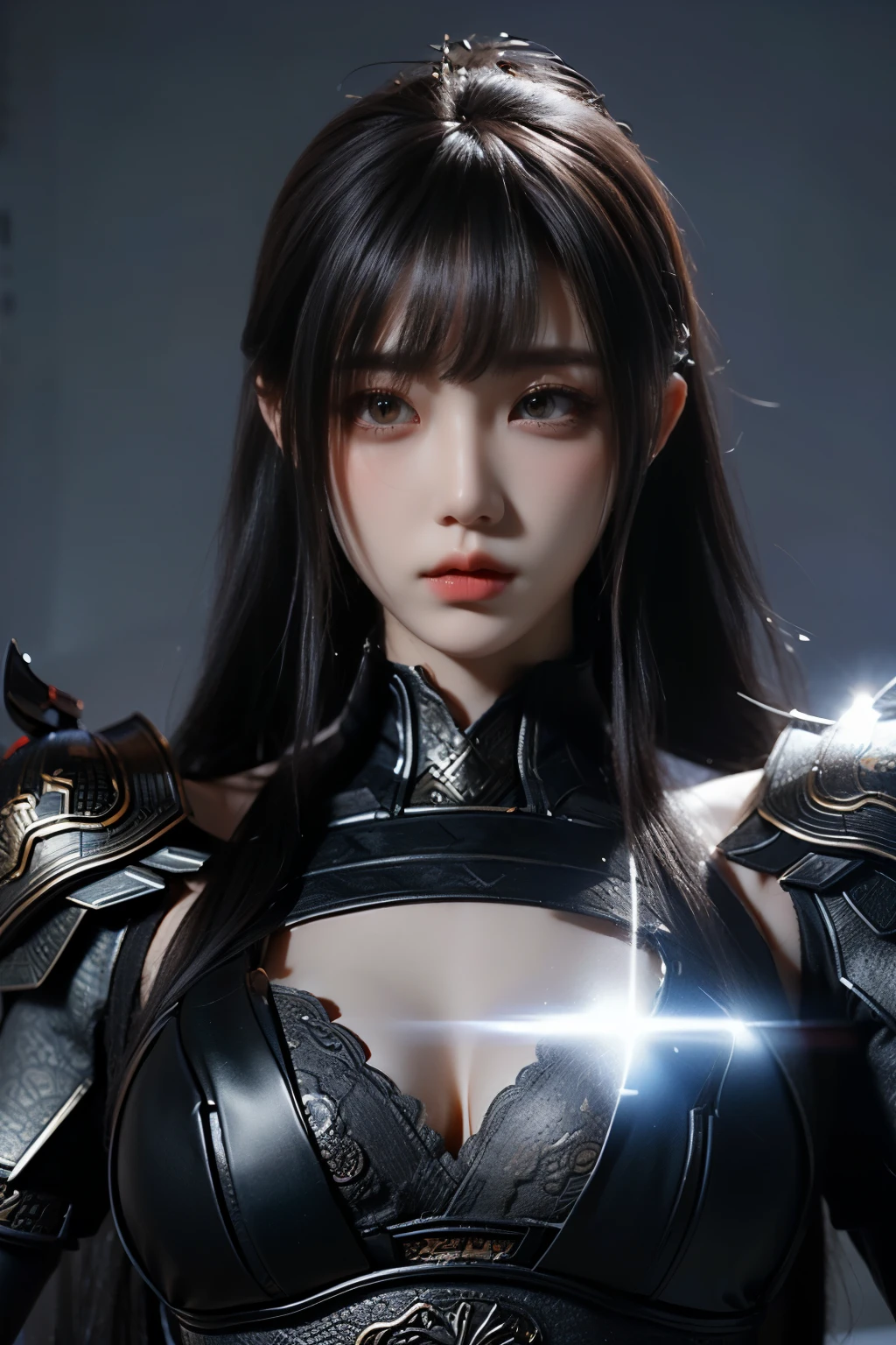 Masterpiece,Game art,The best picture quality,Highest resolution,8K,(Portrait),Unreal Engine 5 rendering works,(Digital Photography),((Portrait Feature:1.5)),
20 year old girl,Short hair details,With long bangs,(The red eye makeup is very meticulous),(With long gray hair:1.4),(Large, full breasts),Elegant and noble,Brave and charming,
(Future armor combined with the characteristics of ancient Chinese armor,Hollow design,Power Armor,The mysterious Eastern runes,A delicate dress pattern,A flash of magic),Warrior of the future,Cyberpunk figures,Background of war,
Movie lights，Ray tracing，Game CG，((3D Unreal Engine))，OC rendering reflection pattern