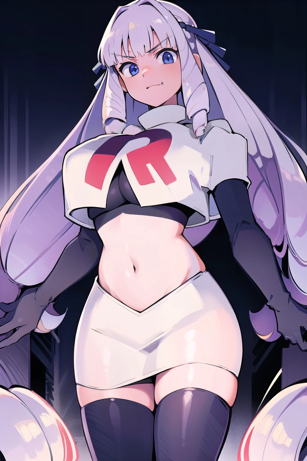 1girl, solo, Fujido Oriko, blue eyes, blunt bangs, breasts, cowboy shot, drill hair, fang, large breasts, long hair, looking at viewer, purple hair, white hair, team rocket,team rocket uniform, red letter R, white skirt,white crop top,black thigh-highs,black elbow gloves