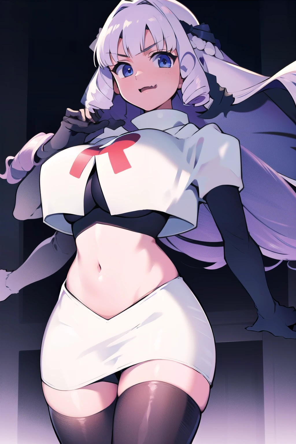 1girl, solo, Fujido Oriko, blue eyes, blunt bangs, breasts, cowboy shot, drill hair, fang, large breasts, long hair, looking at viewer, purple hair, white hair, team rocket,team rocket uniform, red letter R, white skirt,white crop top,black thigh-highs,black elbow gloves