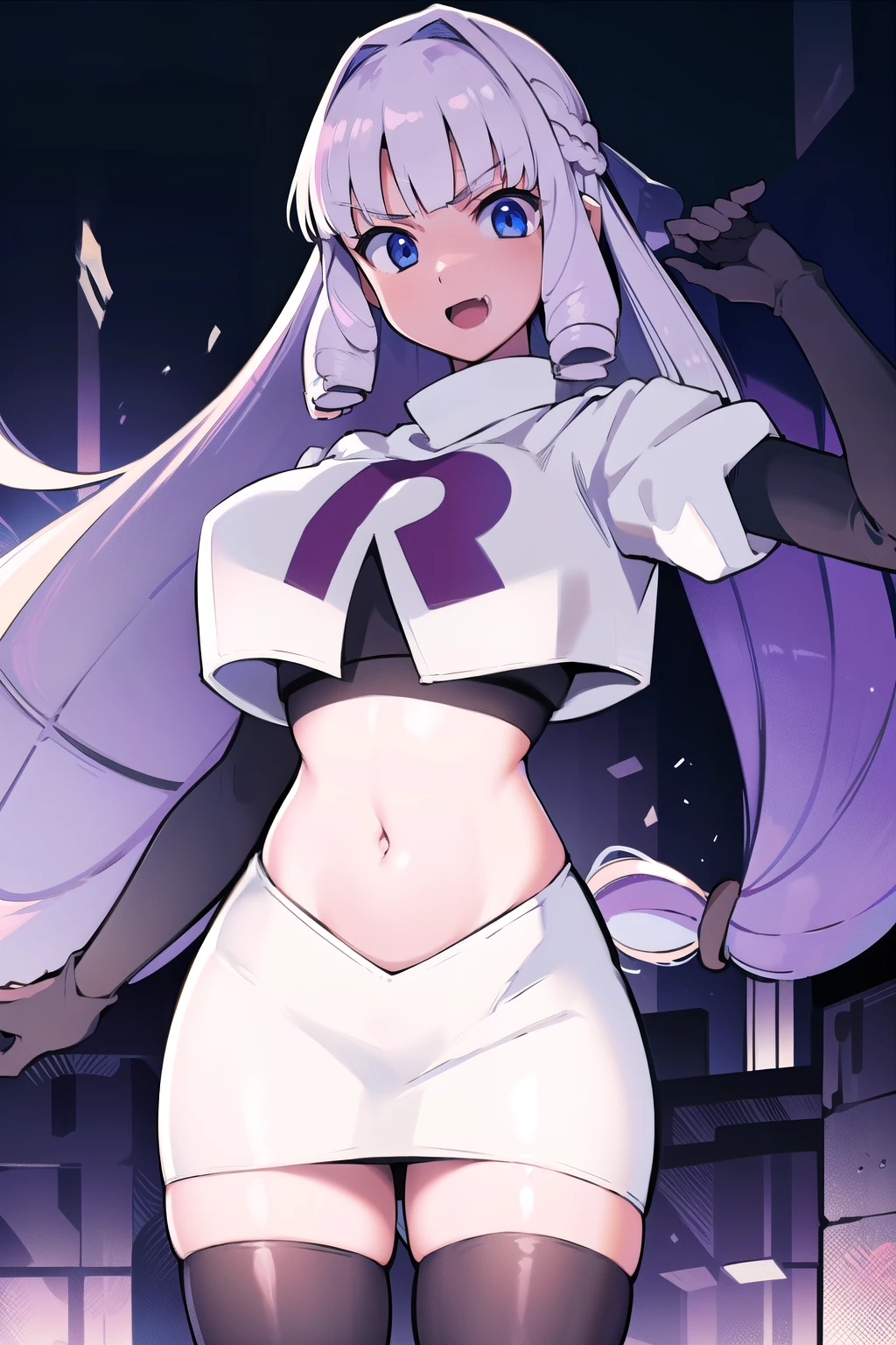 1girl, solo, Fujido Oriko, blue eyes, blunt bangs, breasts, cowboy shot, drill hair, fang, large breasts, long hair, looking at viewer, purple hair, white hair, team rocket,team rocket uniform, red letter R, white skirt,white crop top,black thigh-highs,black elbow gloves