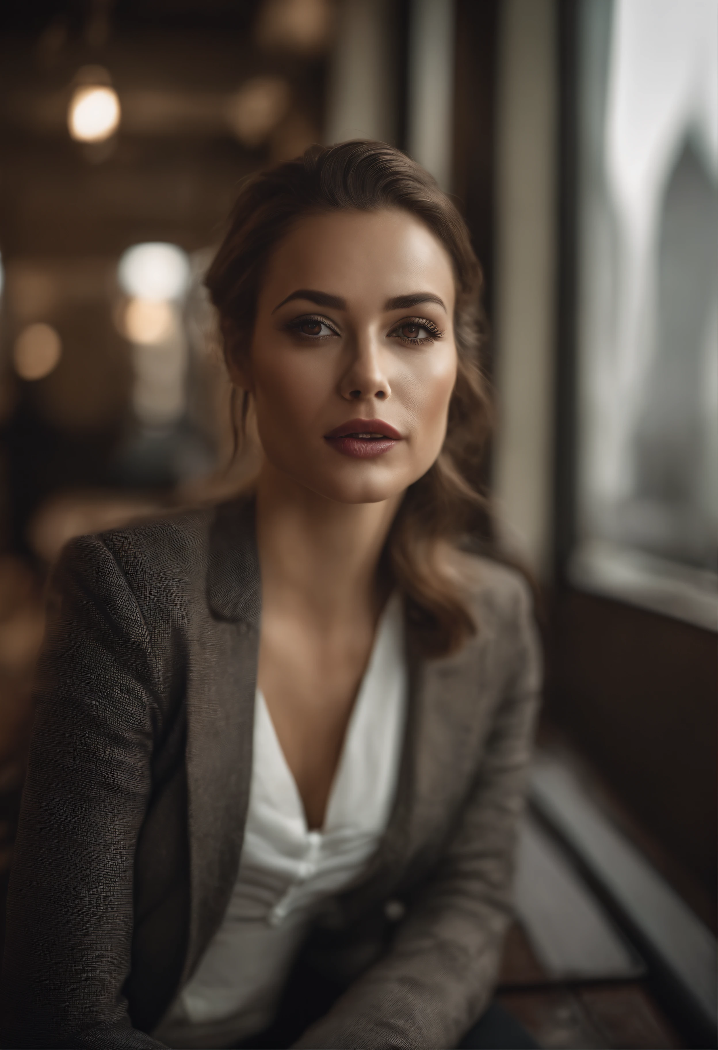 (Uma linda mulher, mulher poderosa:1.1, leader:1.1, estilo hiper-realista:1.1), olhos detalhados, Detailed lips, rosto extremamente detalhado, Long eyelashes, Elegant appearance, confident expression, roupas elegantes, Standing posture, high angle view, olhar cativante, Fundo do telhado, paisagem urbana movimentada, skyscrapers, cores vibrantes, dramatic lighting.