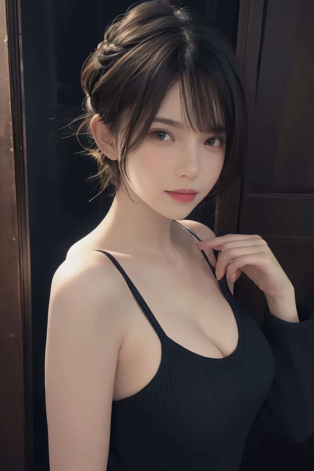 (masterpiece:1.3), (8k, lifelike, original photo, best quality: 1.4), (1 girl), pretty face, (lifelike的脸), (black hair, short hair:1.3), beautiful hairstyle, lifelike的眼睛, Beautiful and delicate eyes, (lifelike的皮肤), Beautiful skin, (sweater), Ridiculous, attractive, ultra high resolution, Surreal, Very detailed, golden ratio，whole body，raised buttocks，