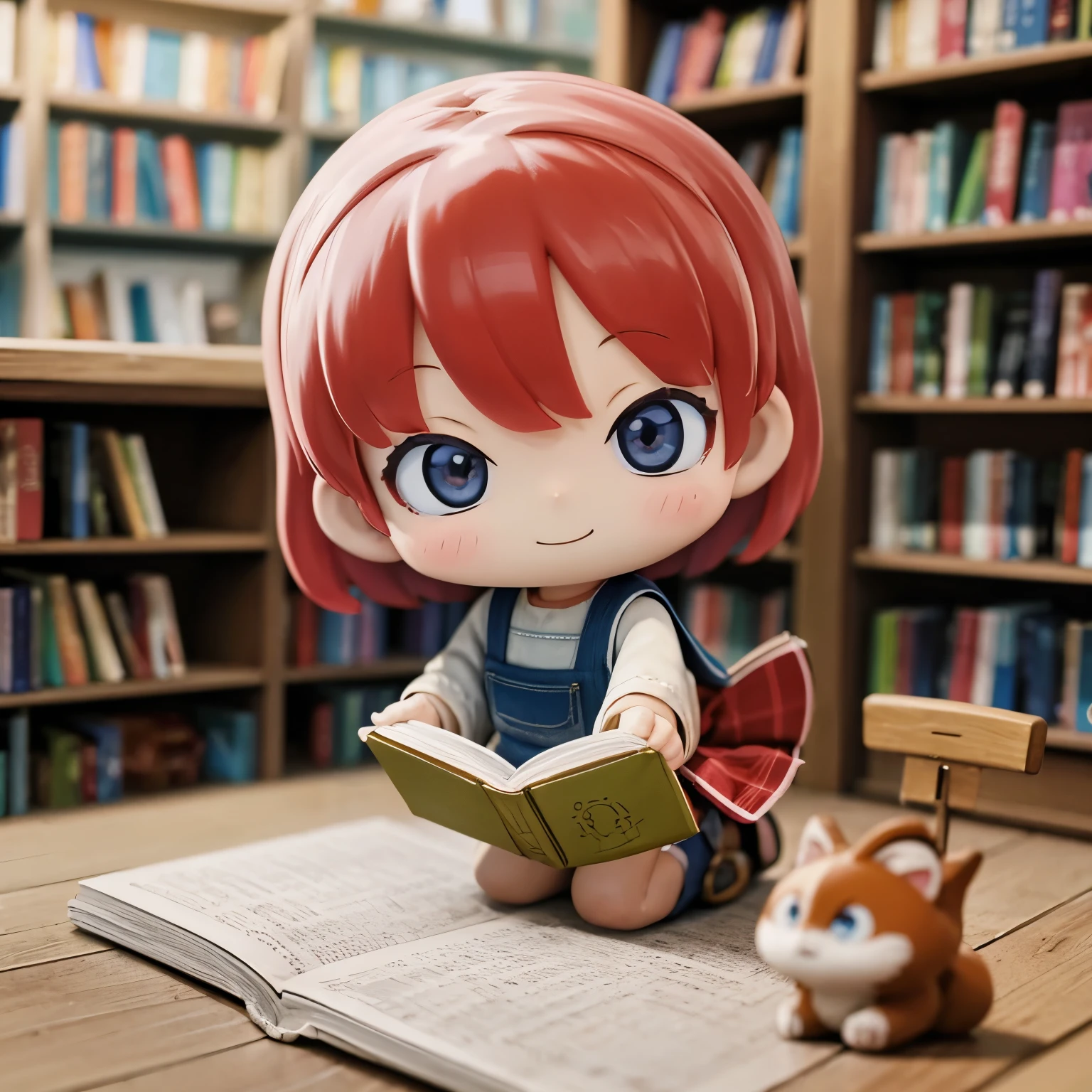 Photoreal、Chibi girl picking up and reading a picture book at a bookstore、smile