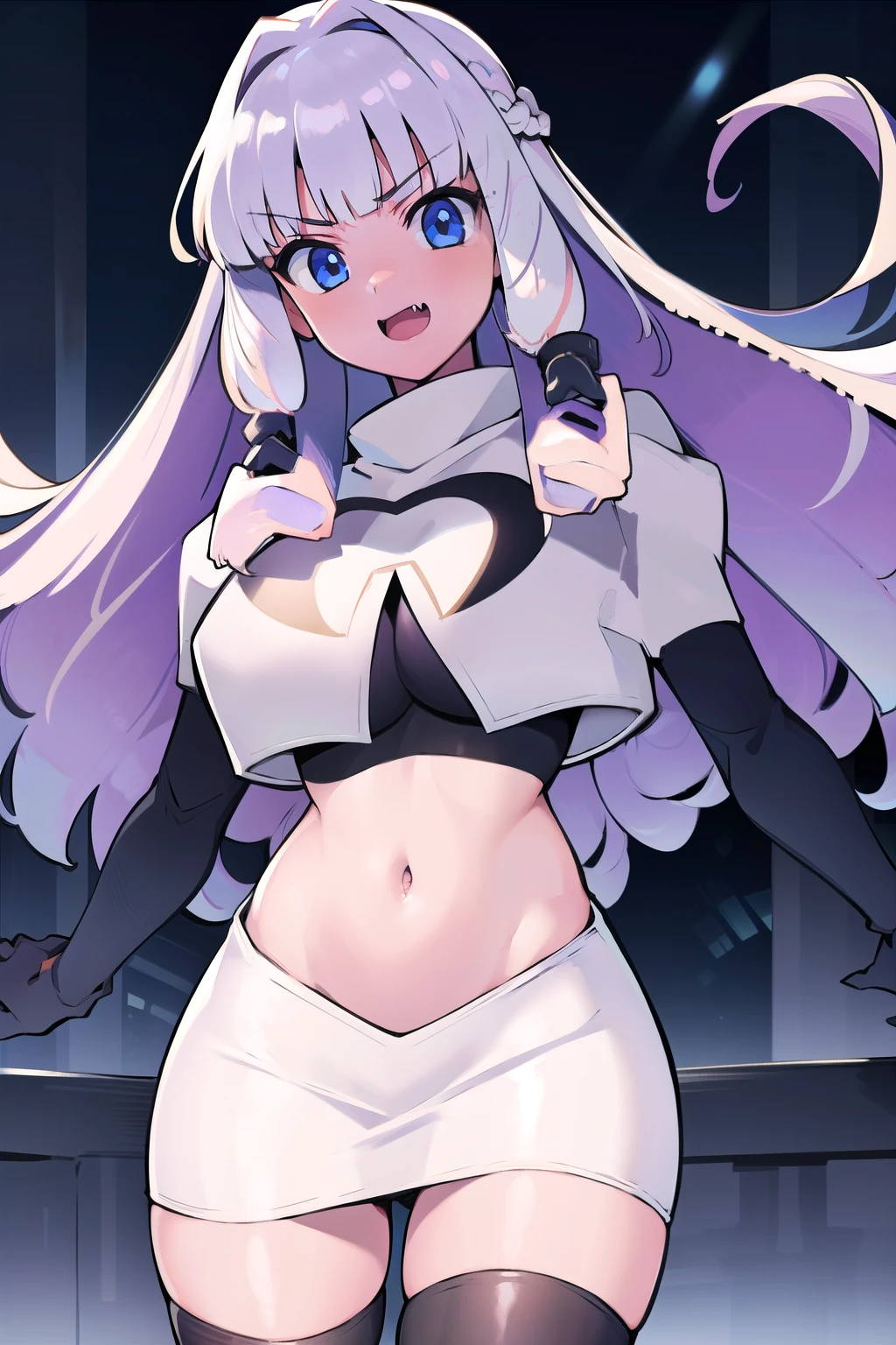 1girl, solo, Fujido Oriko, blue eyes, blunt bangs, breasts, cowboy shot, drill hair, fang, large breasts, long hair, looking at viewer, purple hair, white hair, team rocket,team rocket uniform, red letter R, white skirt,white crop top,black thigh-highs,black elbow gloves