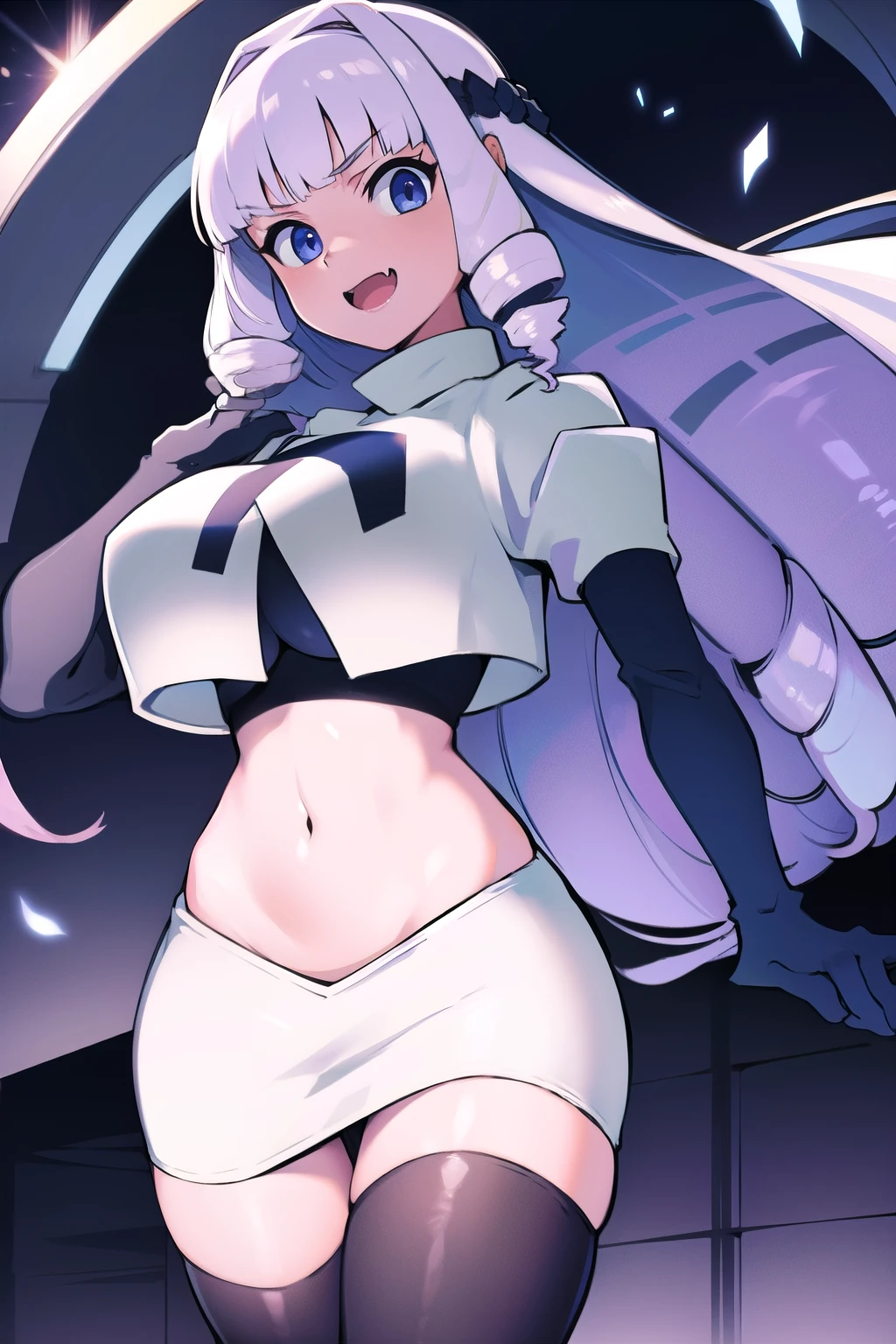 1girl, solo, Fujido Oriko, blue eyes, blunt bangs, breasts, cowboy shot, drill hair, fang, large breasts, long hair, looking at viewer, purple hair, white hair, team rocket,team rocket uniform, red letter R, white skirt,white crop top,black thigh-highs,black elbow gloves