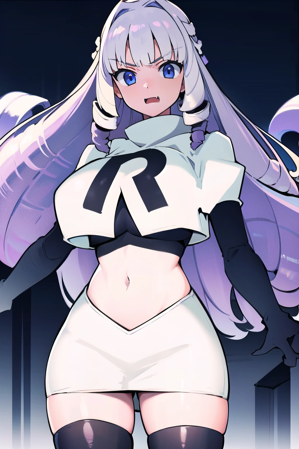 1girl, solo, Fujido Oriko, blue eyes, blunt bangs, breasts, cowboy shot, drill hair, fang, large breasts, long hair, looking at viewer, purple hair, white hair, team rocket,team rocket uniform, red letter R, white skirt,white crop top,black thigh-highs,black elbow gloves