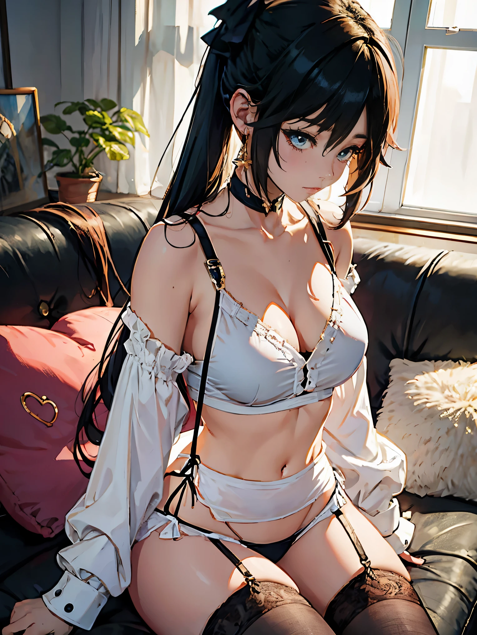 anime girl in white shirt and panties sitting on a couch, seductive anime girl, attractive anime girl, guweiz on pixiv artstation, guweiz on artstation pixiv, guweiz, anime moe artstyle, anime girl, artwork in the style of guweiz, extremely detailed artgerm, beautiful anime girl, small curvy, stocking suspenders, mona genshin impact