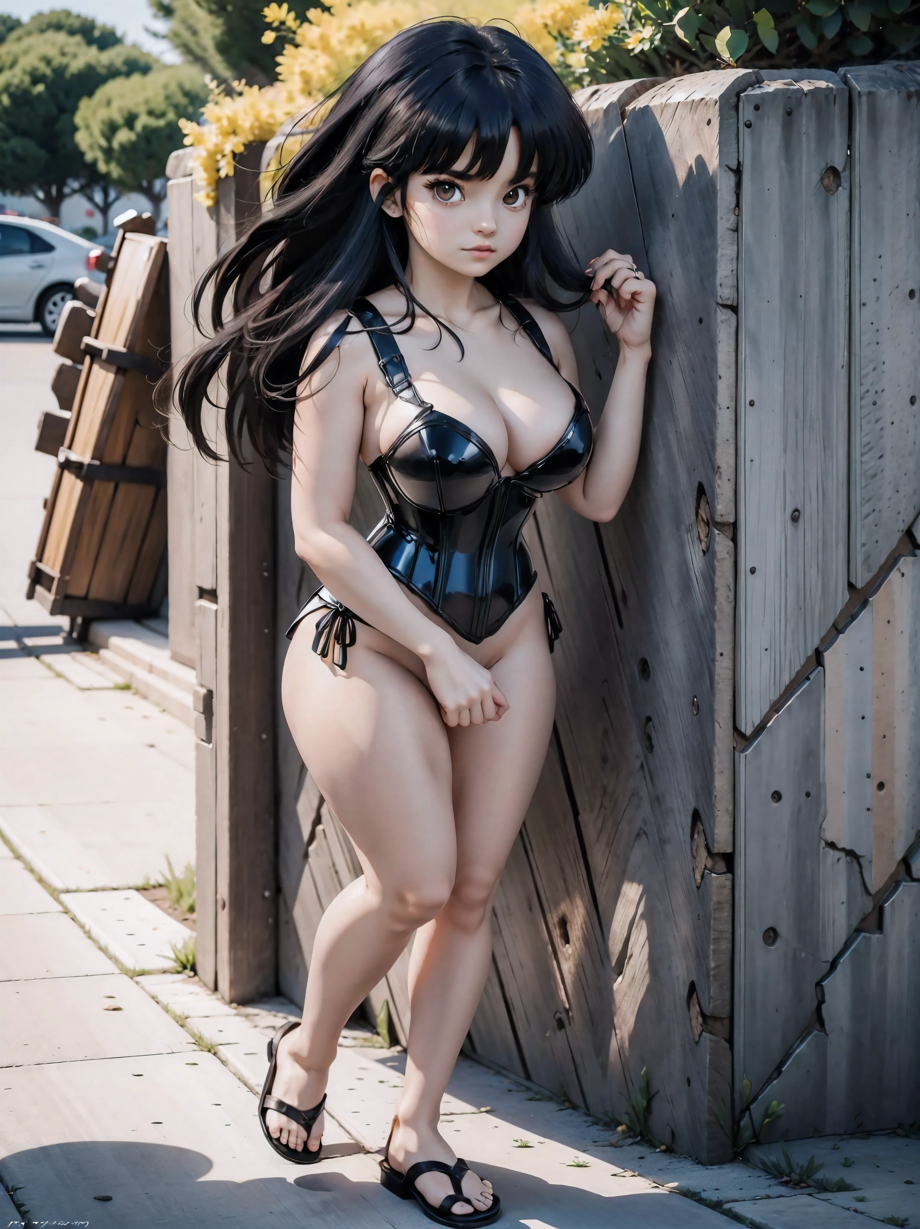 Anime girl with dark cabelo azulado in bermuda de latex and a latex corset, , Corpo bonito, peito grandes, with hands on waist, hands in her hair, garota sexy, cabelo azulado, side locks of hair with pink bow, locks of hair with a bow on the side of the face, beautiful lighting, sombras suaves, olhos castanhos, pernas bonitas tonificadas, cabelo curto, estilo anime, hand on the waist, hand in hair, character Akane Tendo, Autor Rumiko Takahashi, Baseado em uma obra de Rumiko Takahashi, Anime Ranma 1 / 2, decote sexy, quadris robustos, Corpo todo, Corpo todo, Grande busto, young girl with nice and Corpo bonito, sandals nos pés, de 16 anosng latex shorts and latex corset, anime, estilo anime, lindos pés em sandals, ao ar livre, peito grande, Seios lindos, cabelo preto, sandals nos pés, lindas pernas, sexy, lindas pernas, sandals, peito grandes, Corpo todo, Corpo todo, pés com sandals, Grande busto