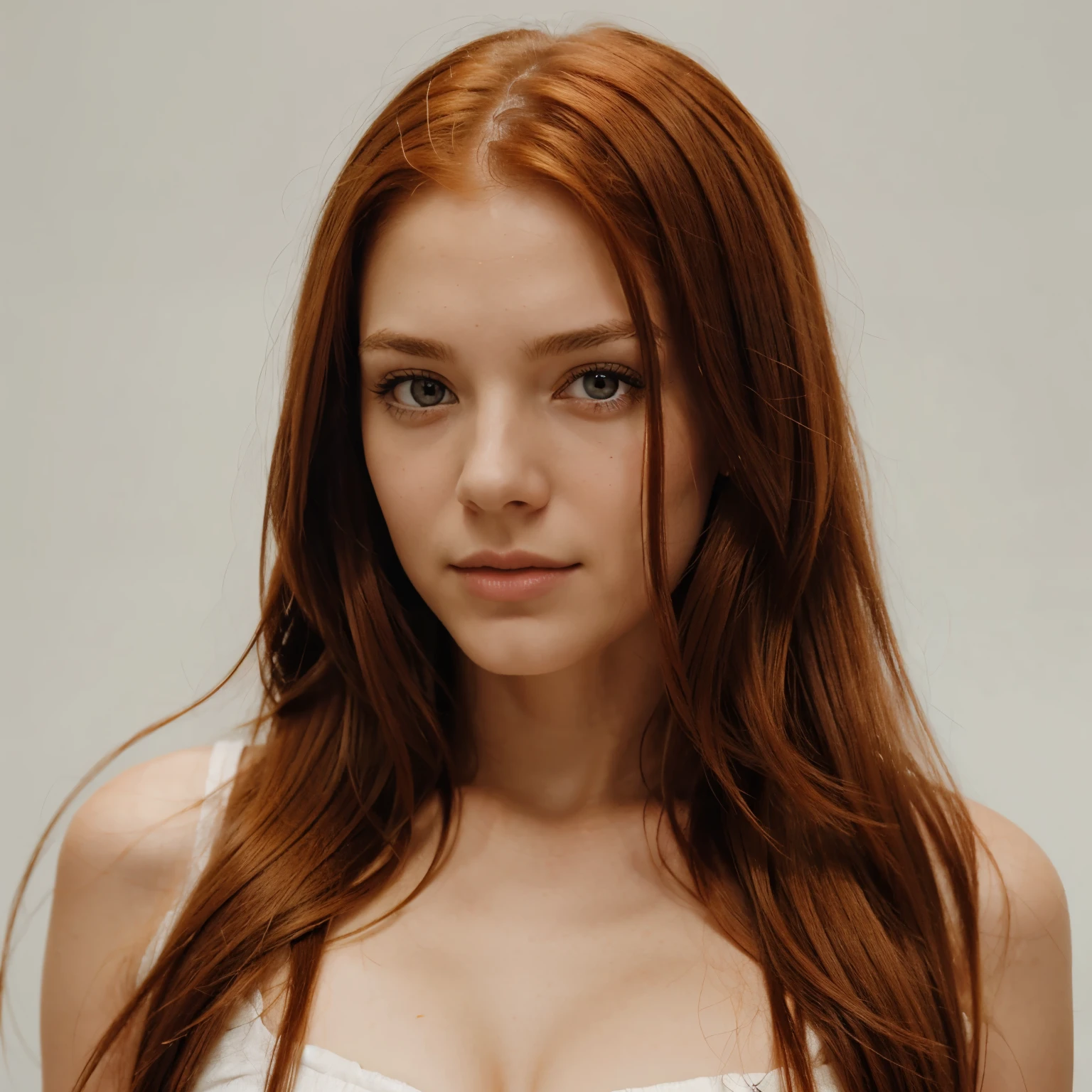 Top model with red hair, very light green eyes, toned body. Strong and confident gaze. White skin with freckles. Linen dress