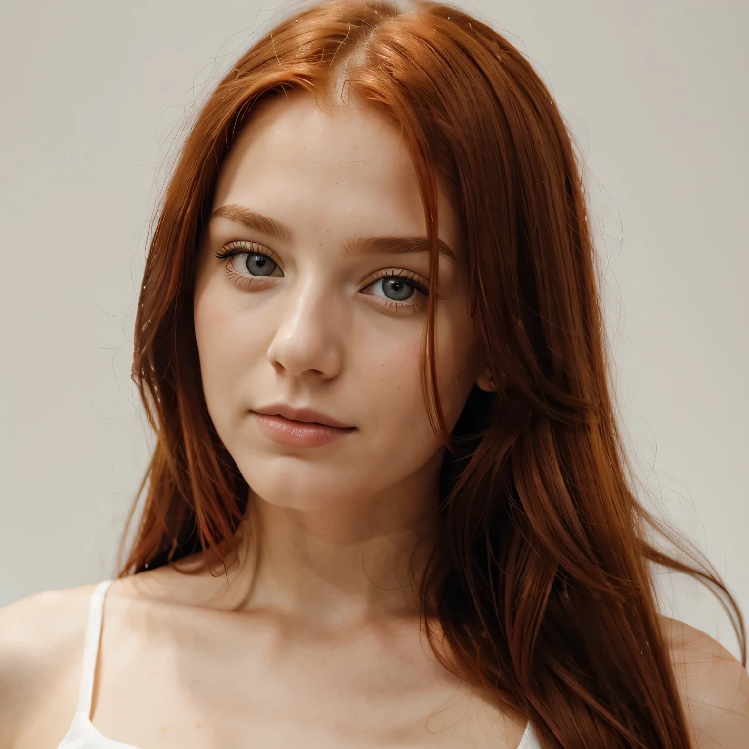 beautiful girl with long red hair, 18 Jahre alt, Portrait head turned to the side, Plain white background