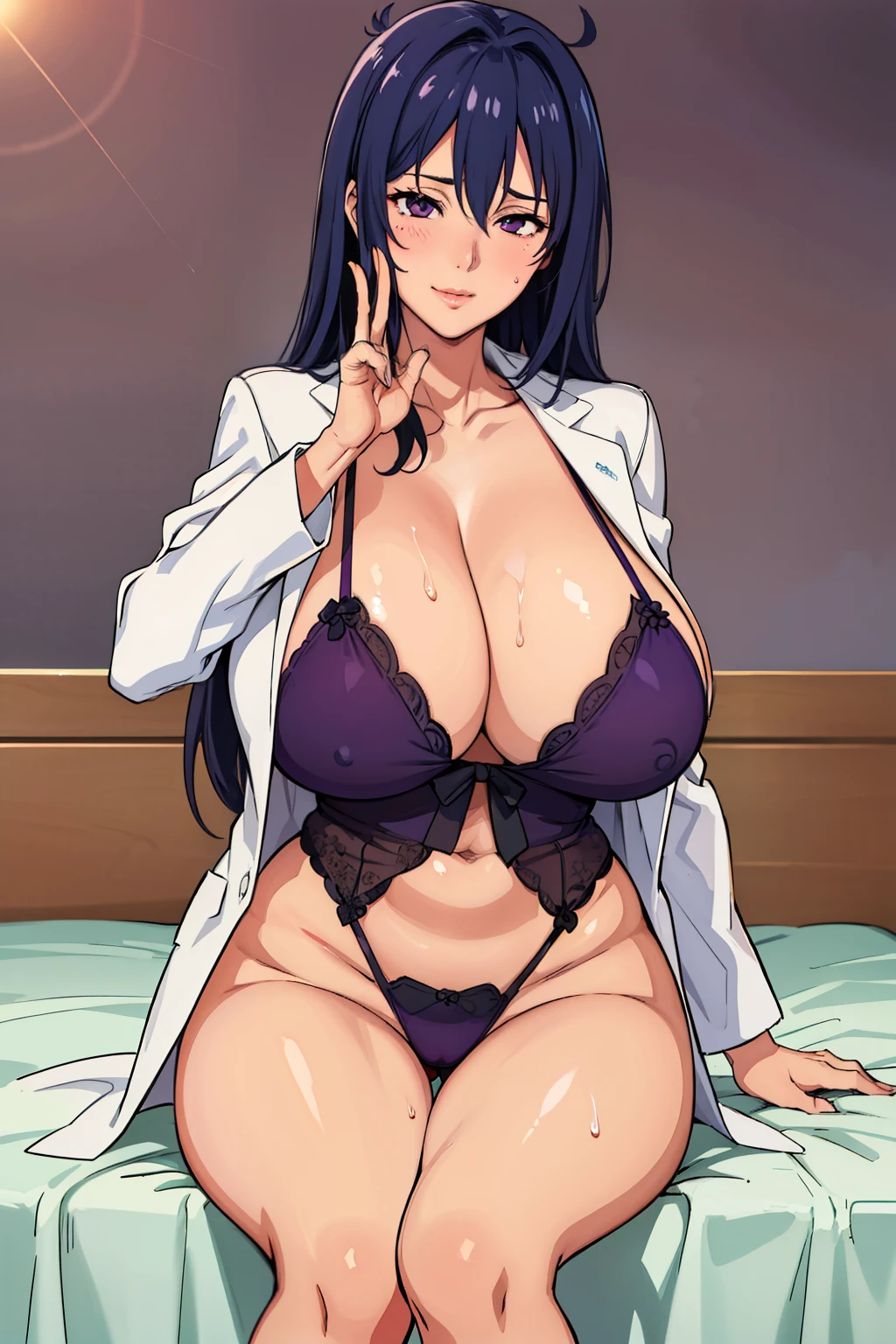 (pink lingerie), lab coat, reading a book, bedroom background, sleeping on bed, wet body, NJAkiV4, oda non style, anime cels style, purple eyes, best quality, high resolution, sexy pose, sitting on table, (huge breasts:1.4), cowboy shot, blush, embarrassed, smile, 1 girl, 20yo,Young female,Beautiful Finger,Beautiful long legs,Beautiful body, Beautiful Nose,Beautiful character design, perfect eyes, perfect face,expressive eyes, perfect balance, looking at viewer,(Focus on her face), official art,extremely detailed CG unity 8k wallpaper, perfect lighting,Colorful, Bright_Front_face_Lighting,White skin, (masterpiece:1.0),(best_quality:1.0), ultra high res,4K,ultra-detailed, photography, 8K, HDR, highres, absurdres:1.2, Kodak portra 400, film grain, blurry background, bokeh:1.2, lens flare, (vibrant_color:1.2),professional photograph, (Beautiful,huge_Breasts:1.4), (beautiful_face:1.5),(narrow_waist)