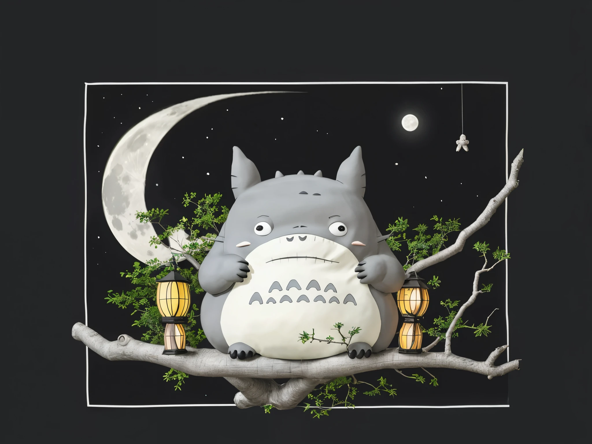 Grey Totoro sitting in a branch. Moon background