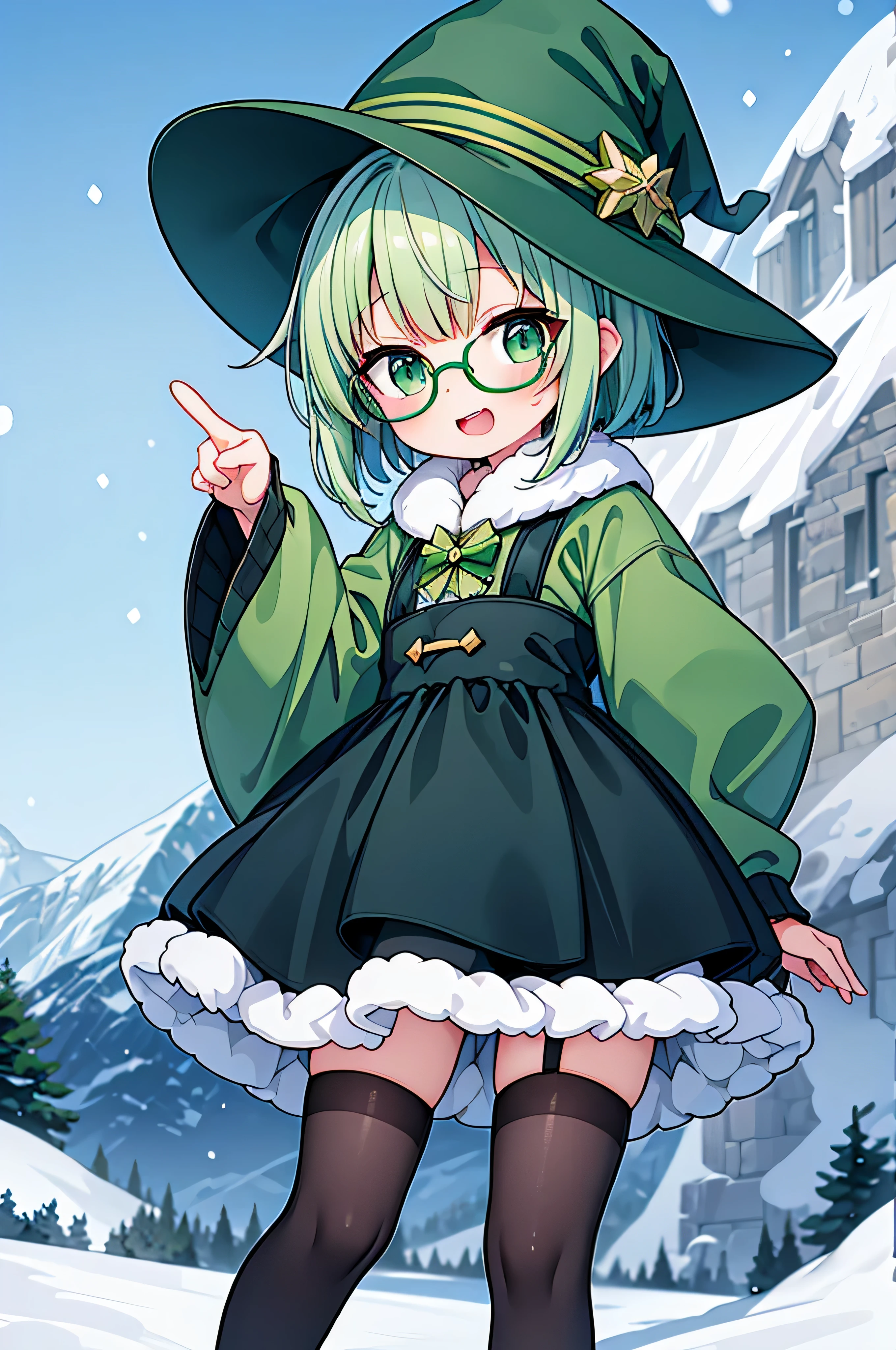  with short green hair, moe, muy lindo, vasos grandes, diente grande, ropa de bruja verde, sombrero puntiagudo, fondo nieve y hielo, una mano apuntando hacia arriba