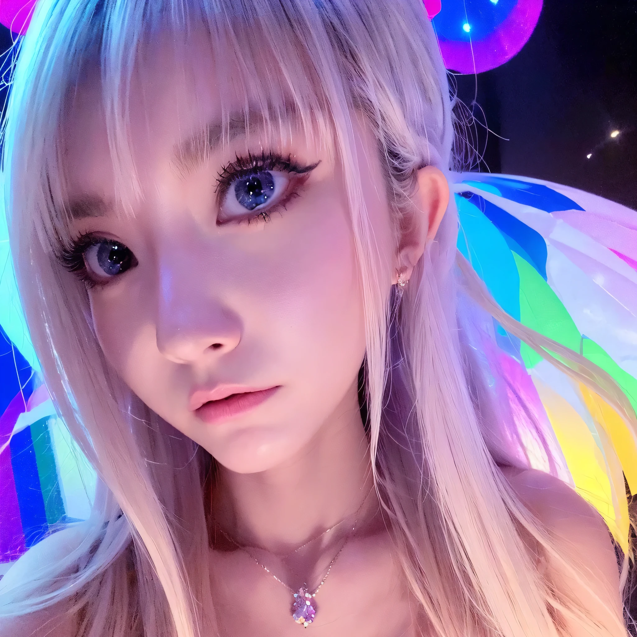 masterpiece, Amazing Woman, pretty girl, bust, high detail eyes, perfect eyes, portrait, high detail face, same eyes, glare, Rainbow-colored, global illumination, soft light, dream lights, digital painting, 8K close-up, fantasy, night sky, performer, nebula, White crystals, moonlight, tranquility, summer, (8k:1.1)