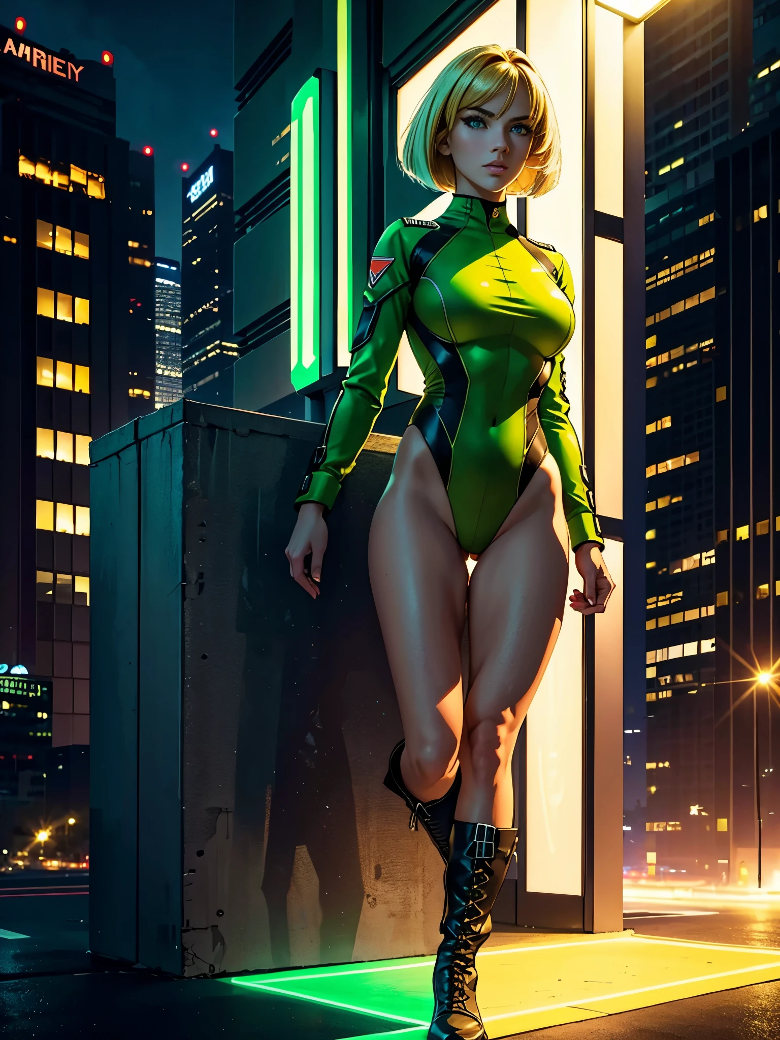 ((best quality)), ((masterpiece)), ((ultra realistic)), american blonde, beautiful detailed face, detailed eyes, sexy us military officer, us army officer, city backdrop, neon edge lighting, highly detailed, professional, dressed in a green and white leotard, neon edge lighting, highly detailed, professional, bare legs, full body, medium hair, bob hair, knee boots, long sleeves, standing, full body, medium hair, bob hair, solo, green eyes