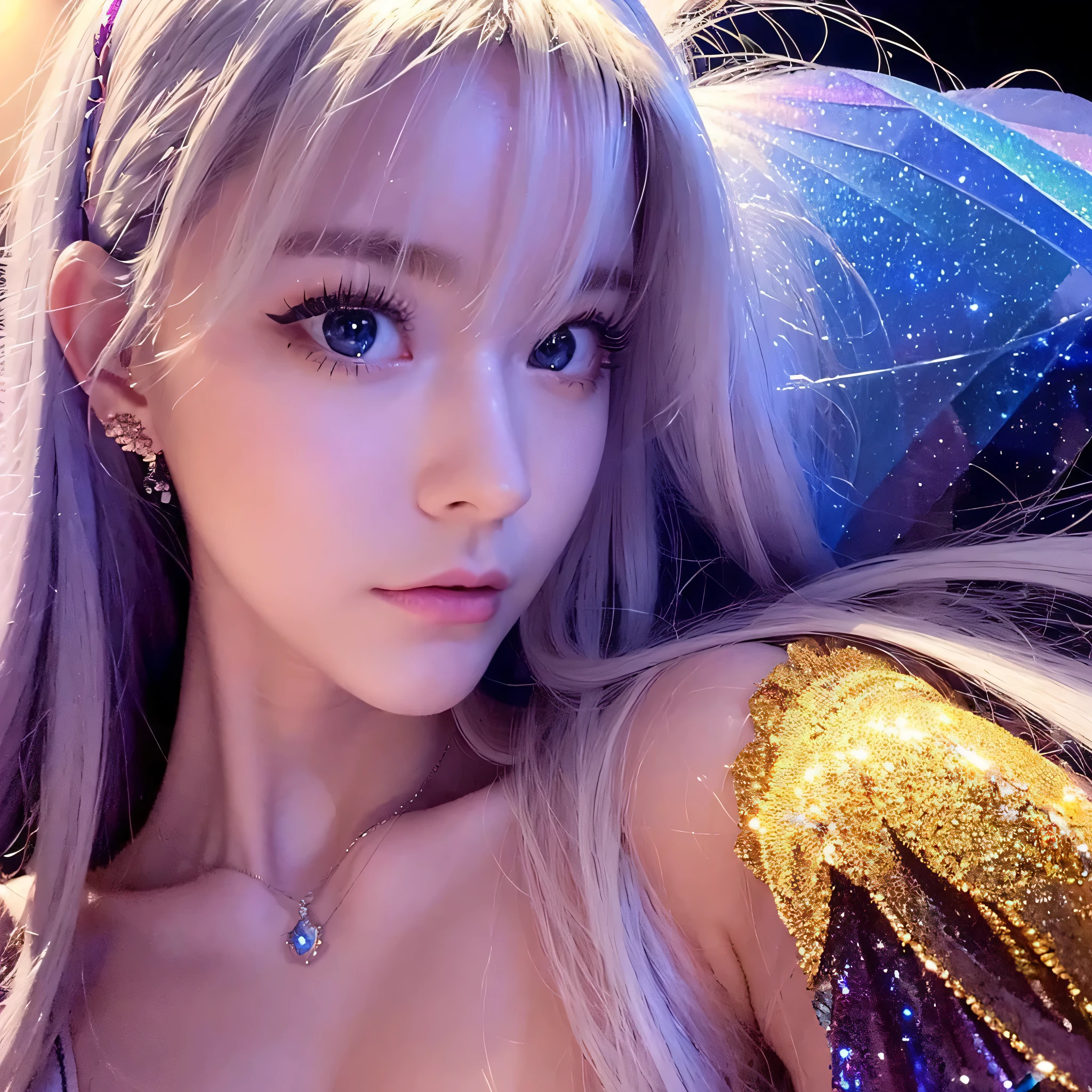 masterpiece, Amazing Woman, pretty girl, bust, high detail eyes, perfect eyes, portrait, high detail face, same eyes, glare, Rainbow-colored, global illumination, soft light, dream lights, digital painting, 8K close-up, fantasy, night sky, performer, nebula, White crystals, moonlight, tranquility, summer, (8k:1.1)