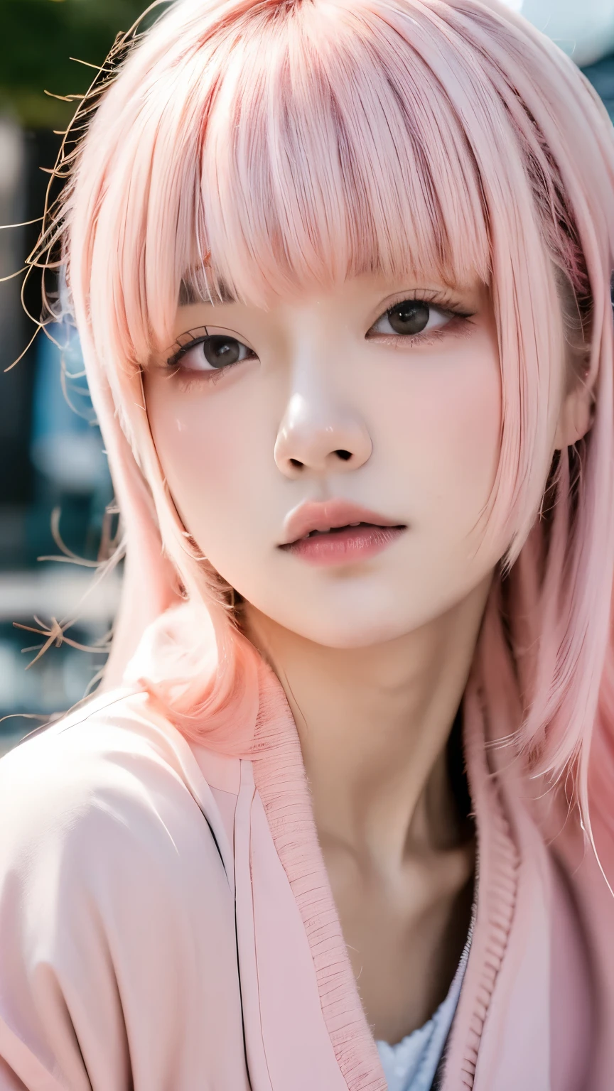 cold girl, RAW photo, Shays portrait, (pink hair) , gotou, hair ornaments, cube hair ornaments, track jacket ,  (high definition skin:1.2), 8k UHD, Digital single-lens reflex camera, soft lighting, high quality, film grain, Fujifilm XT3