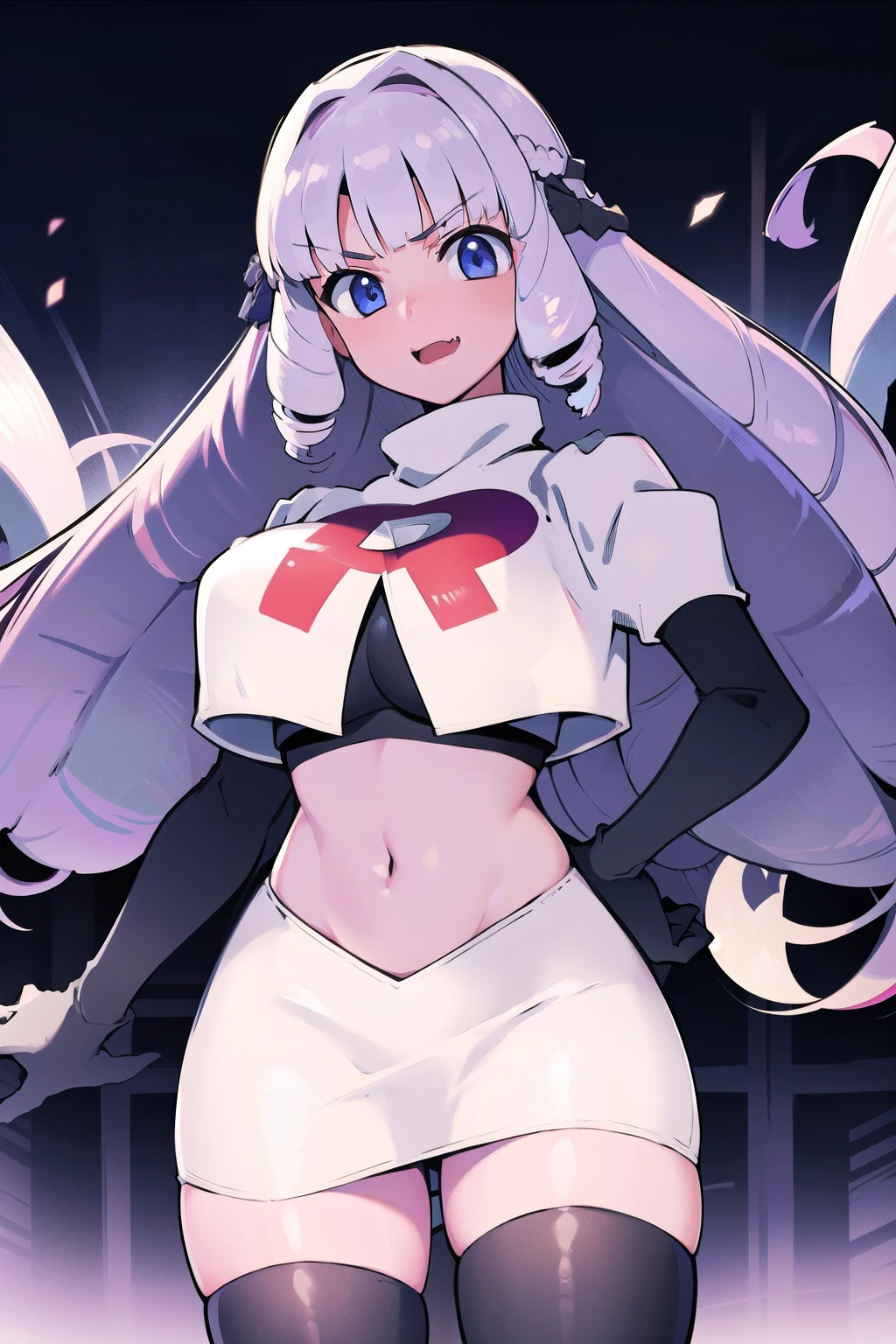 1girl, solo, Fujido Oriko, blue eyes, blunt bangs, breasts, cowboy shot, drill hair, fang, large breasts, long hair, looking at viewer, purple hair, white hair, team rocket,team rocket uniform, red letter R, white skirt,white crop top,black thigh-highs,black elbow gloves
