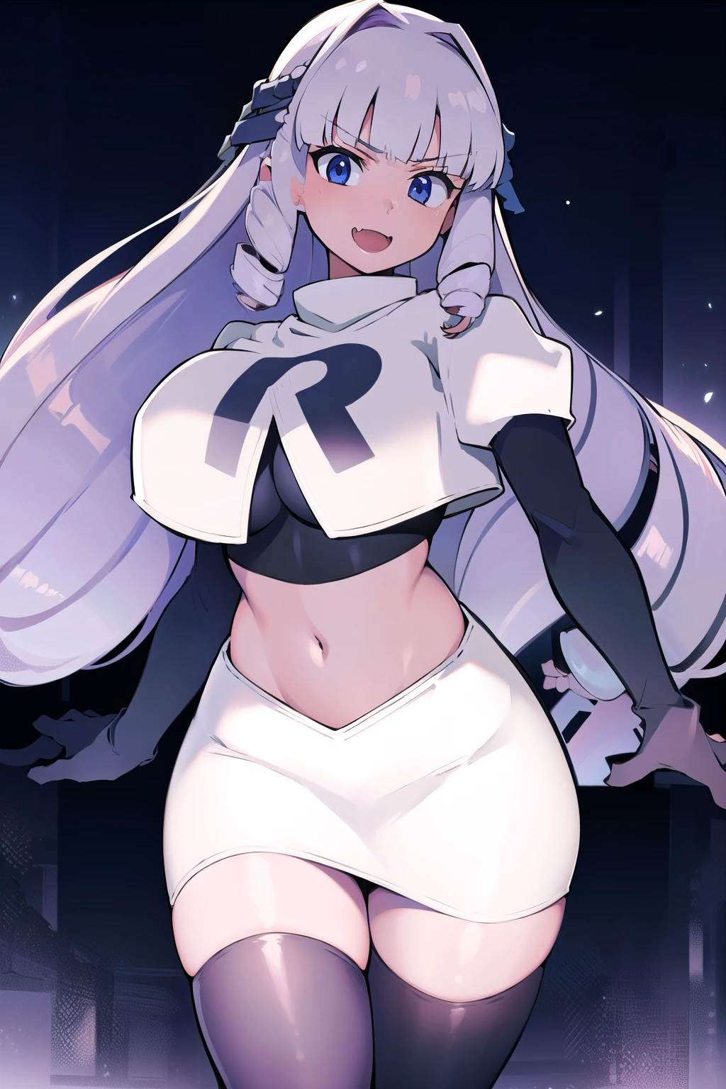 1girl, solo, Fujido Oriko, blue eyes, blunt bangs, breasts, cowboy shot, drill hair, fang, large breasts, long hair, looking at viewer, purple hair, white hair, team rocket,team rocket uniform, red letter R, white skirt,white crop top,black thigh-highs,black elbow gloves