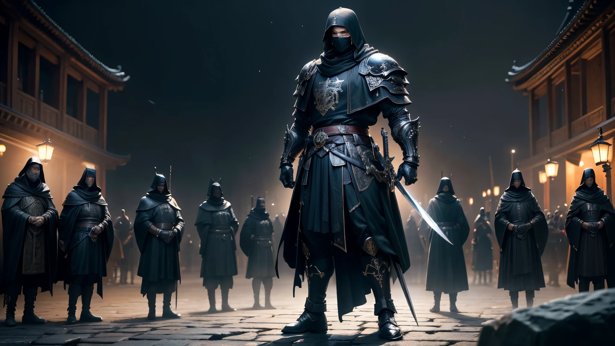 good quality, ultra high resolution,masterpiece, 8K,(reality,detail,)night,dark sky,A man wearing ancient black clothing,Masked Chinese man,In the ancient square,Standing neatly behind,Black Legion,multiple people,sword,whole body effect