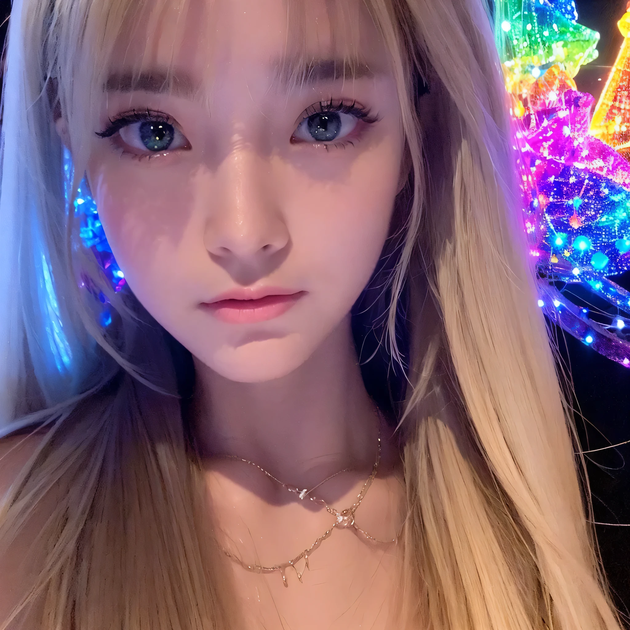 masterpiece, Amazing Woman, pretty girl, bust, high detail eyes, perfect eyes, portrait, high detail face, same eyes, glare, Rainbow-colored, global illumination, soft light, dream lights, digital painting, 8K close-up, fantasy, night sky, performer, nebula, White crystals, moonlight, tranquility, summer, (8k:1.1)