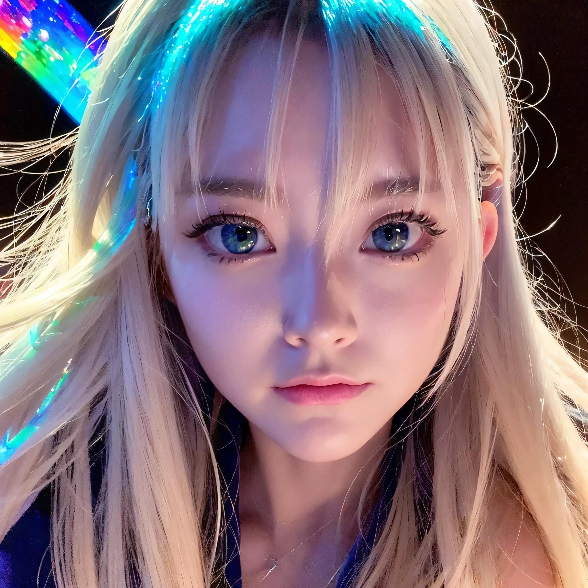 masterpiece, Amazing Woman, pretty girl, bust, high detail eyes, perfect eyes, portrait, high detail face, same eyes, glare, Rainbow-colored, global illumination, soft light, dream lights, digital painting, 8K close-up, fantasy, night sky, performer, nebula, White crystals, moonlight, tranquility, summer, (8k:1.1)