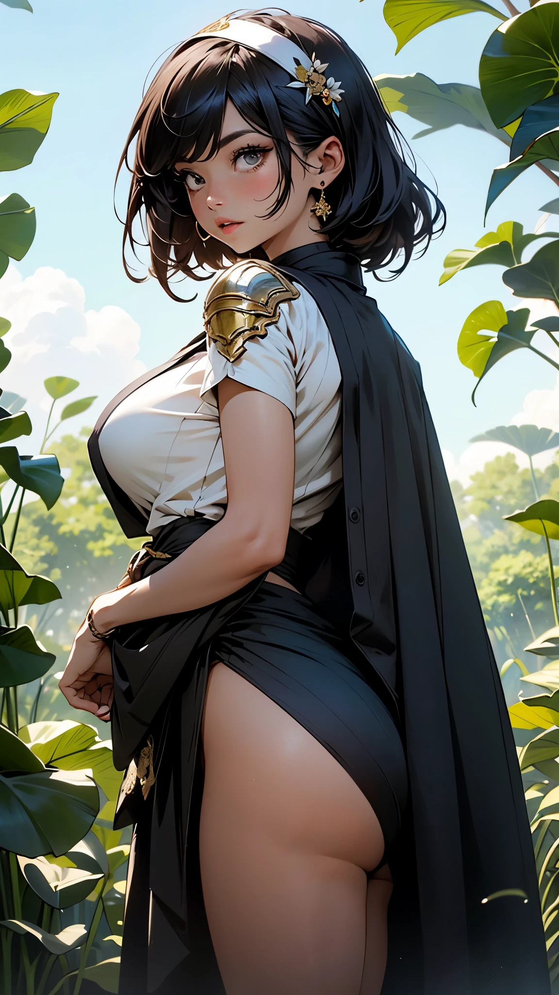1female,MILF,huge-breasted ,Pornographic exposure, solo,(Background with:bamboo forrest,lotuses,lotus flower,exteriors,) She has short black hair,bobo head,Sweat profusely,drenched all over the body,seen from the front, hair straight, mostly cloudy sky,(((tmasterpiece),(Very detailed CG unity 8K wallpaper),best qualtiy,cinmatic lighting,detailed back ground,beatiful detailed eyes,Bright pupils,Black eyes,(Very fine and beautiful),(Beautiful and detailed eye description),ultra - detailed,tmasterpiece,)),facing at camera,A high resolution,ultra - detailed),,revealing breasts,Bare genitalia, Bulge,legs are open,Raised sexy,Camel toes,Flushed complexion,Open-mouthed,frontage,White floral headband,Gold Saint Seiya,captain america,(Wearing:Cloak,Black transparent kimono,Filigree embroidery,fullnude,with no underpants,Armour,Iron Man uniform)