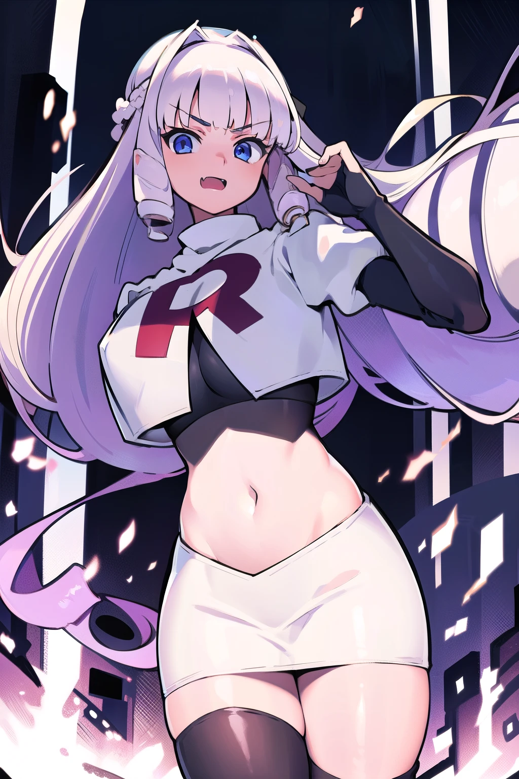 1girl, solo, Fujido Oriko, blue eyes, blunt bangs, breasts, cowboy shot, drill hair, fang, large breasts, long hair, looking at viewer, purple hair, white hair, team rocket,team rocket uniform, red letter R, white skirt,white crop top,black thigh-highs,black elbow gloves