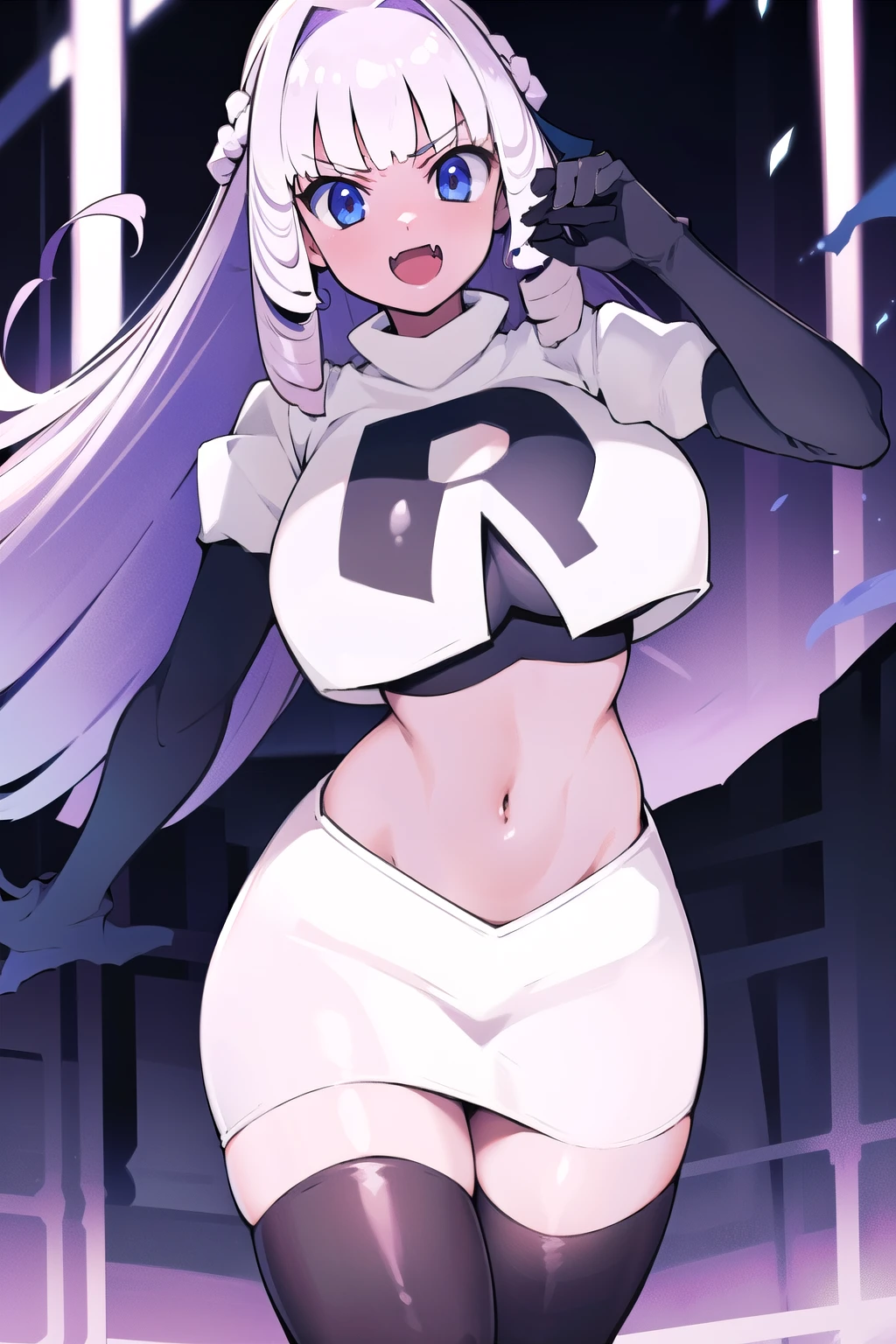 1girl, solo, Fujido Oriko, blue eyes, blunt bangs, breasts, cowboy shot, drill hair, fang, large breasts, long hair, looking at viewer, purple hair, white hair, team rocket,team rocket uniform, red letter R, white skirt,white crop top,black thigh-highs,black elbow gloves