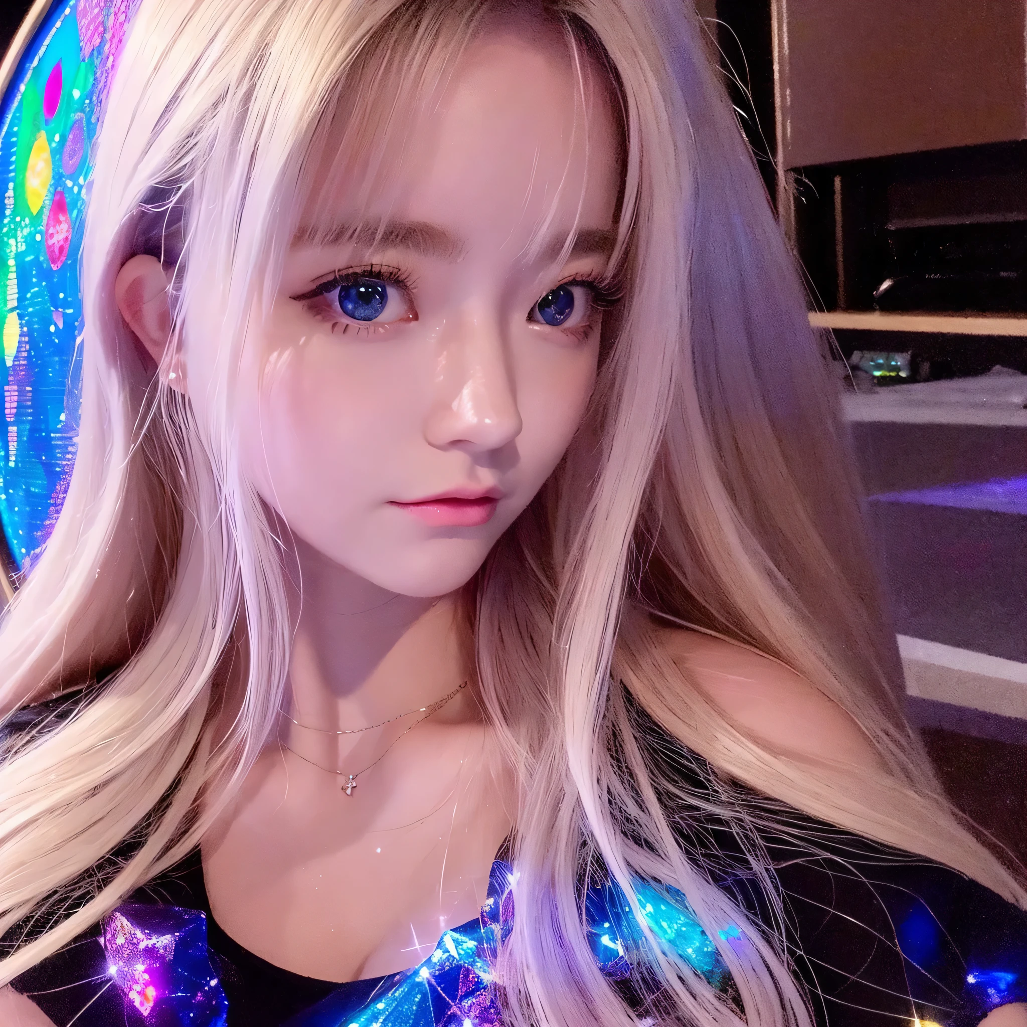 masterpiece, Amazing Woman, pretty girl, bust, high detail eyes, perfect eyes, portrait, high detail face, same eyes, glare, Rainbow-colored, global illumination, soft light, dream lights, digital painting, 8K close-up, fantasy, night sky, performer, nebula, White crystals, moonlight, tranquility, summer, (8k:1.1)