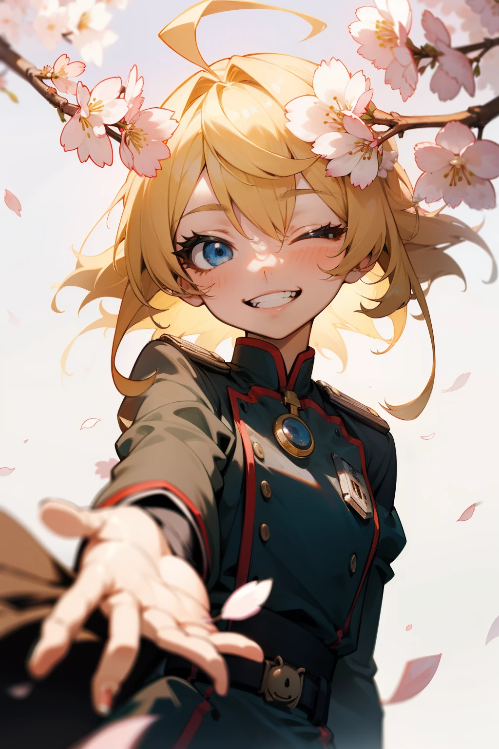 uniform、blonde hair、toothy smile、reach out your hand、Outside、Cherry blossom trees