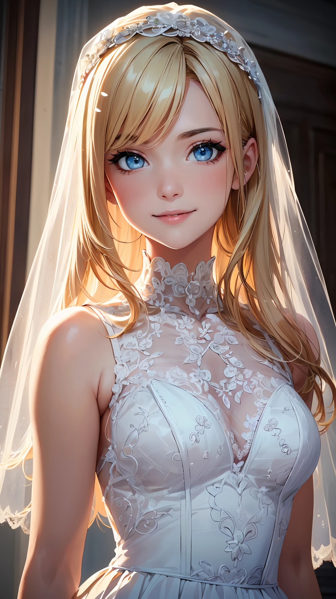 concept:A portrait of a beautiful woman。 quality:(最高quality, 4k, High resolution, masterpiece:1.2), Super detailed, (real, photorealistic:1.37), illumination:cinematic light, Bright colors and mesmerizing effects, 柔らかく繊細なillumination, gentle shine, Lens flare, Subject information:alone, ((young woman)), (narrow eyes), (small face), (high detail skin:1.2), long eyelashes, glossy lips, (blonde, long hair, blue eyes), slim body shape:1.4, Highly detailed face and skin texture, (Overflowing smiles:1.2), facing the front:1.2, photo shootのためポーズをとる, (((pure white wedding dress:1.2, pure bridal costume:1.2, beautiful veil, Dress embroidery made using delicate techniques, Sheer dress with delicate lace))), Other details:chapel:1.5, standing pose:1.2, beautiful skin, shiny skin, perfect fingers, five fingers, anatomically correct, background bokeh, Lens flare, 300㎜, f/4, photo shoot,