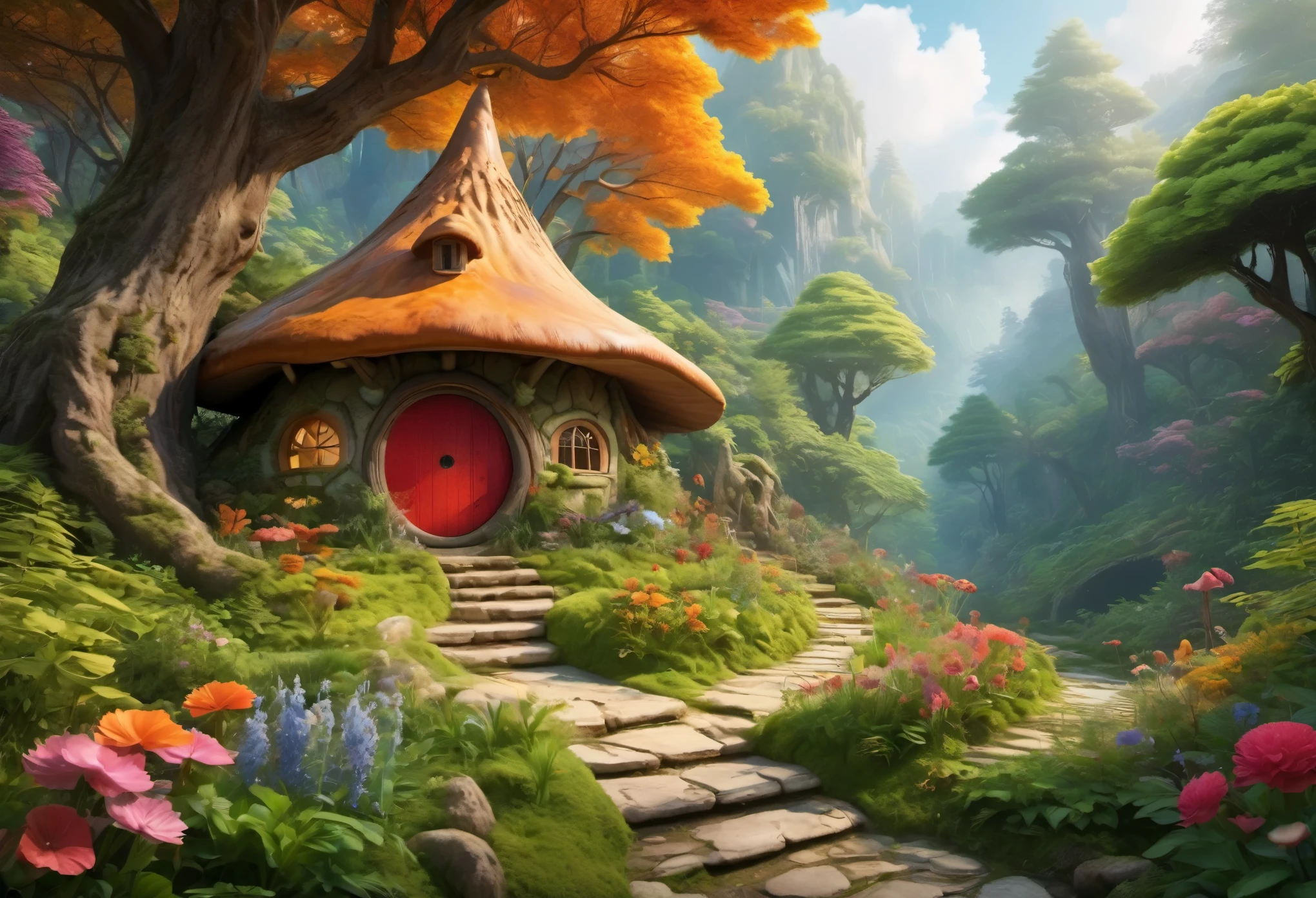 (Mysterious fantasy forest，dense trees，A strange and cute little tree:1.5)，hobbit hut, vividly described in the work (best quality, 8k, Advanced resolution, masterpiece: 1.2), With super detailed details， (1.4x more realism, lifelike: 1.37). This fantasy forest is made up of bright colors，bathe in the warm sunshine, create cheerfulness、whimsical atmosphere. The house was designed with great attention to detail, Featuring complex designs and unique architecture, Mushroom shaped house。 (This magical forest is surrounded by lush greenery and colorful flowers), Enhance enchanting and magical environments。 The artwork demonstrates an illustrative style, Inspired by children&#39;s book illustrations, Ensures a charming and nostalgic touch. The color palette consists of vibrant rainbow colors, seven colors，Evoke feelings of joy and playfulness. Lighting sets off the picturesque scene, Create soft, warm shadows，Add depth and warmth to artwork. Every detail is impeccably presented, 创造出视觉上令人惊叹的masterpiece，Capture the essence of the fantasy forest.