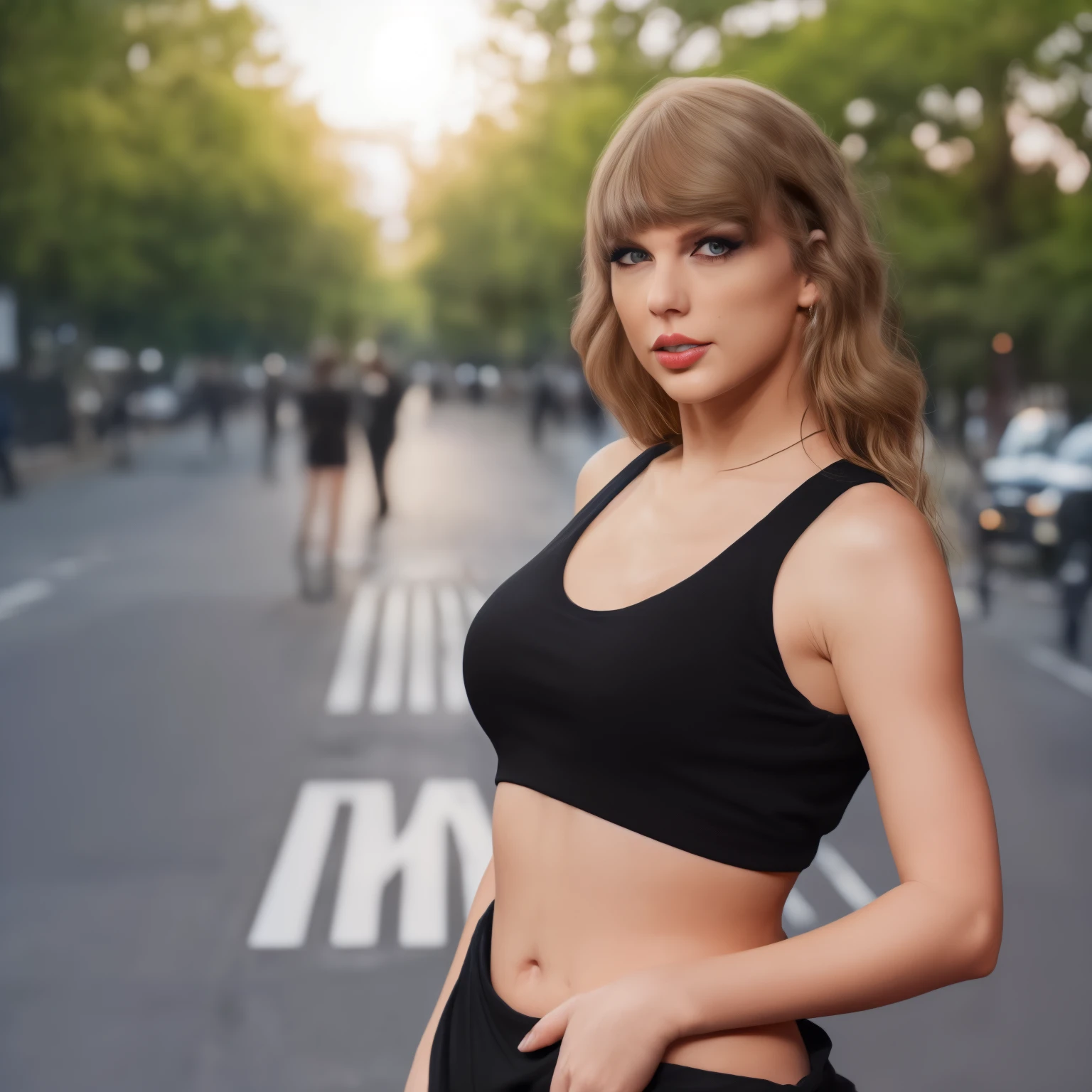 taylor1 a woman, (realistic), (hyperrealism), (photorealistic), depth of field, (upper body:1.2), (narrow waist), eye makeup, looking at the viewer, posing for a photo, black casual outfit, sunset, at the street, trees, 