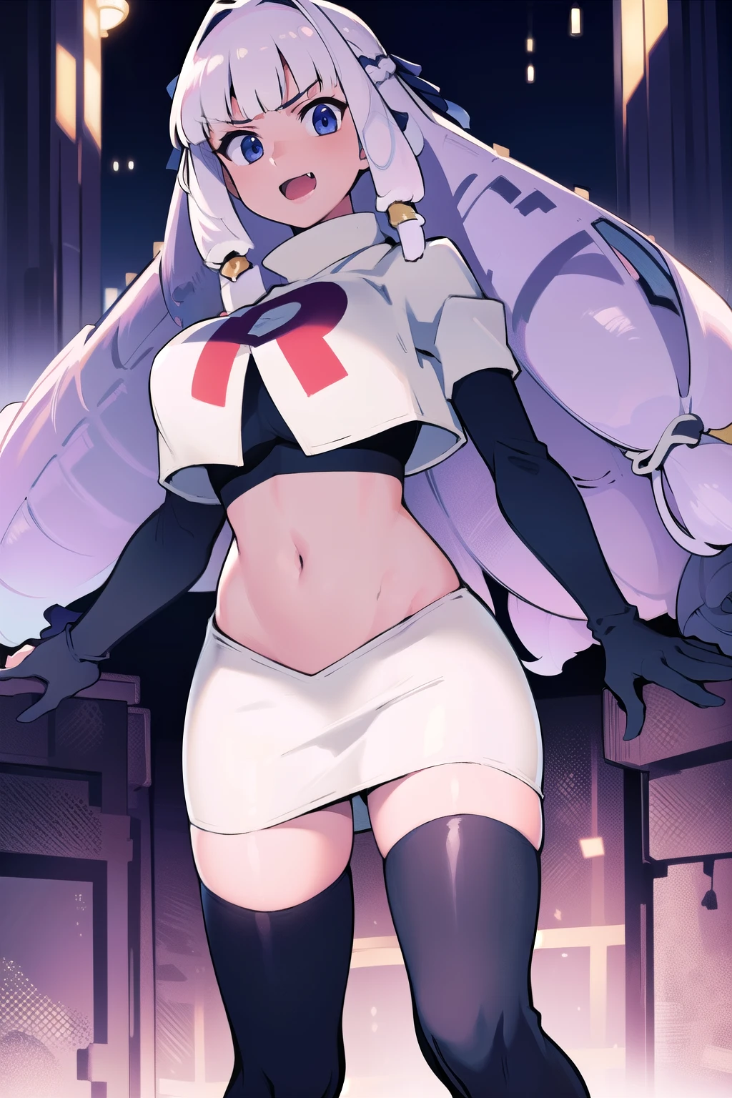 1girl, solo, Fujido Oriko, blue eyes, blunt bangs, breasts, cowboy shot, drill hair, fang, large breasts, long hair, looking at viewer, purple hair, white hair, team rocket,team rocket uniform, red letter R, white skirt,white crop top,black thigh-highs,black elbow gloves