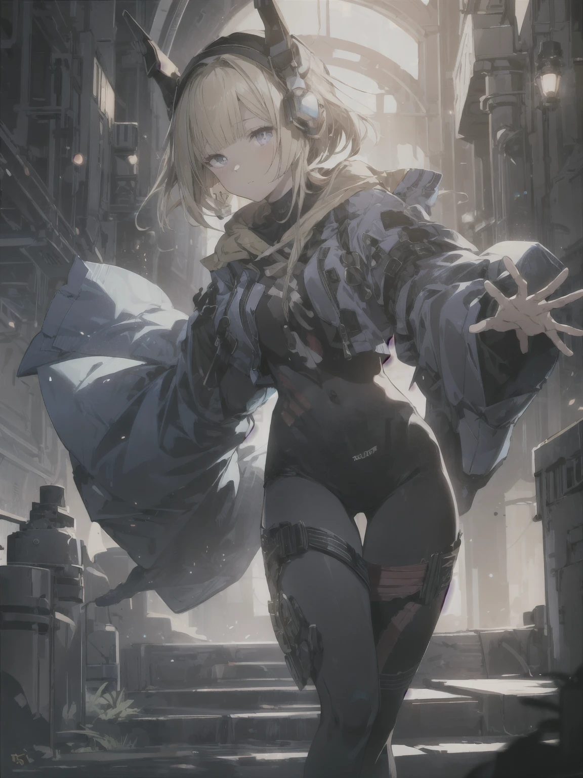 masterpiece, highest quality, 1 girl, magician, Mystical Emoji, Magical effects such as flash and energy, Flowing robes and seductive outfits, 魔法のbornき物や神秘的な背景, edge lighting, side lighting, cinematic light, ultra high resolution, 8k UHD, film grain, best shadow, delicate, born, particles of light, fine skin texture, fine cloth texture, beautiful face, Mekasum, robot arm, headgear, tights, combat readiness, How to hold a sword, attack, addition_Dadir :1.5
