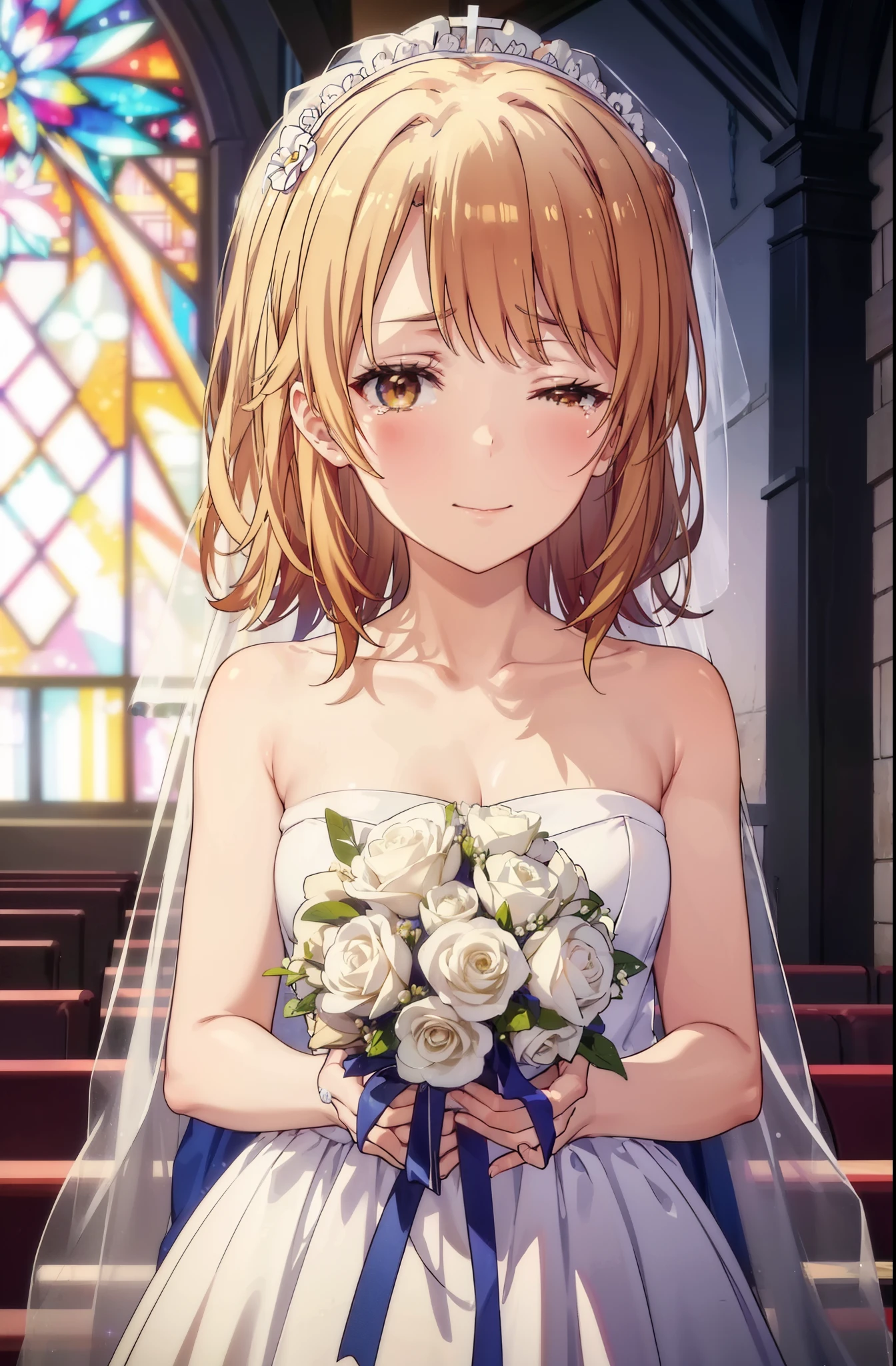 irohaisshiki, iroha isshiki, long hair, brown hair, open your mouth,smile,happy atmosphere,Close both eyes and cry,tears run down her face,tears of joy,blush,smile,naked neck,bare clavicle,bare shoulders, large pale stained glass,Light of the sun,chapel,marriage,church,Wedding dress,veil,Wedding Skirts,bouquet,bouquetトス,Holding a big bouquet in both hands,happy atmosphere,Hanabubuki,marriage式 break indoors, chapel, church,
break (masterpiece:1.2), highest quality, High resolution, unity 8k wallpaper, (shape:0.8), (highly detailed face, perfect lighting, Very detailed CG, (perfect hands, perfect anatomy),
