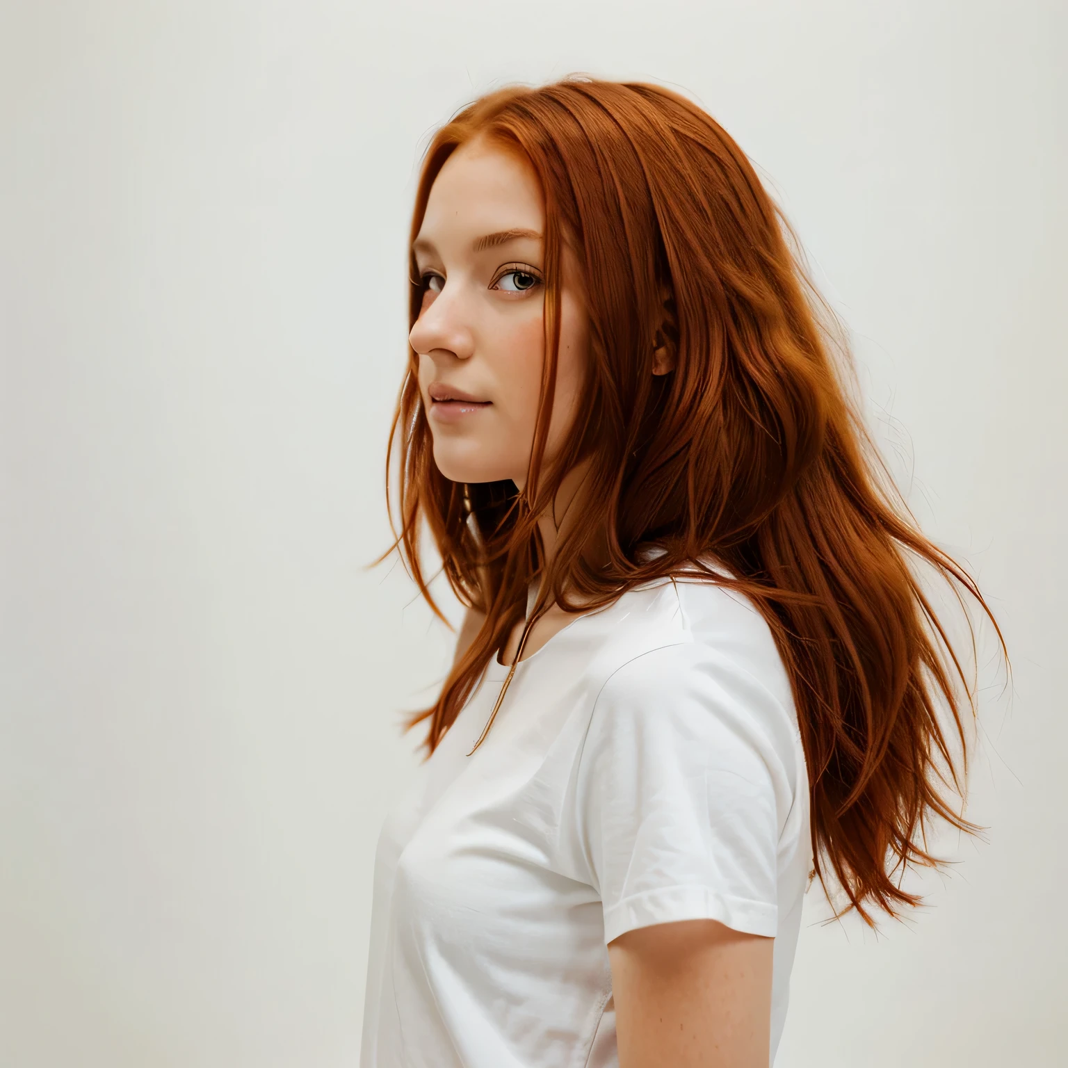 beautiful girl with long red hair, 18 Jahre alt, Portrait photo from the side, Plain white background