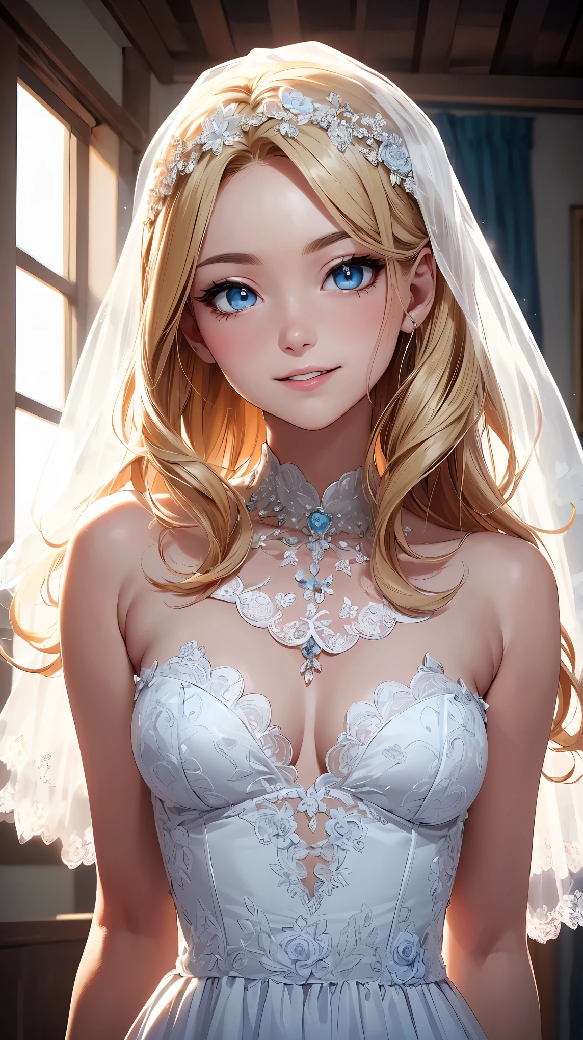 concept:A portrait of a beautiful woman。 quality:(最高quality, 4k, High resolution, masterpiece:1.2), Super detailed, (real, photorealistic:1.37), illumination:cinematic light, Bright colors and mesmerizing effects, 柔らかく繊細なillumination, gentle shine, Lens flare, Subject information:alone, ((young woman)), (narrow eyes), (small face), (high detail skin:1.2), long eyelashes, glossy lips, (blonde, long hair, blue eyes), slim body shape:1.4, Highly detailed face and skin texture, (Overflowing smiles:1.2), facing the front:1.2, photo shootのためポーズをとる, (((pure white wedding dress:1.2, pure bridal costume:1.2, beautiful veil, Dress embroidery made using delicate techniques, Sheer dress with delicate lace))), Other details:chapel:1.5, standing pose:1.2, beautiful skin, shiny skin, perfect fingers, five fingers, anatomically correct, background bokeh, Lens flare, 300㎜, f/4, photo shoot,