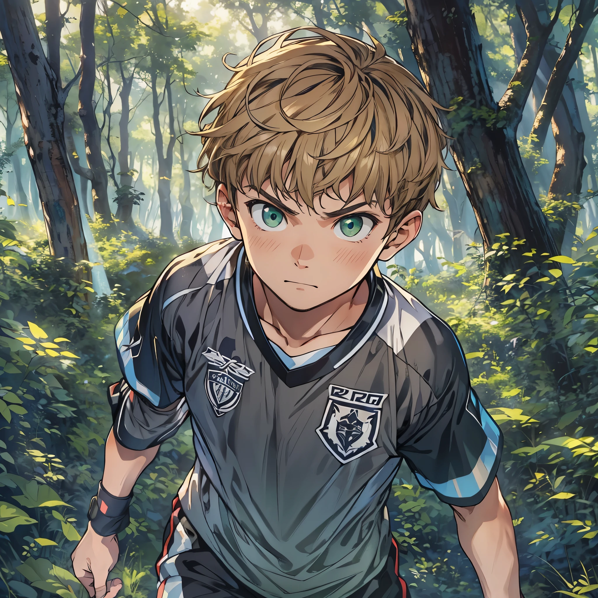 (best quality,4k,8k,highres,masterpiece:1.2), ultra-detailed, 1boy, masculino, soccer uniform, green eyes, inside the forest, furious face, forest